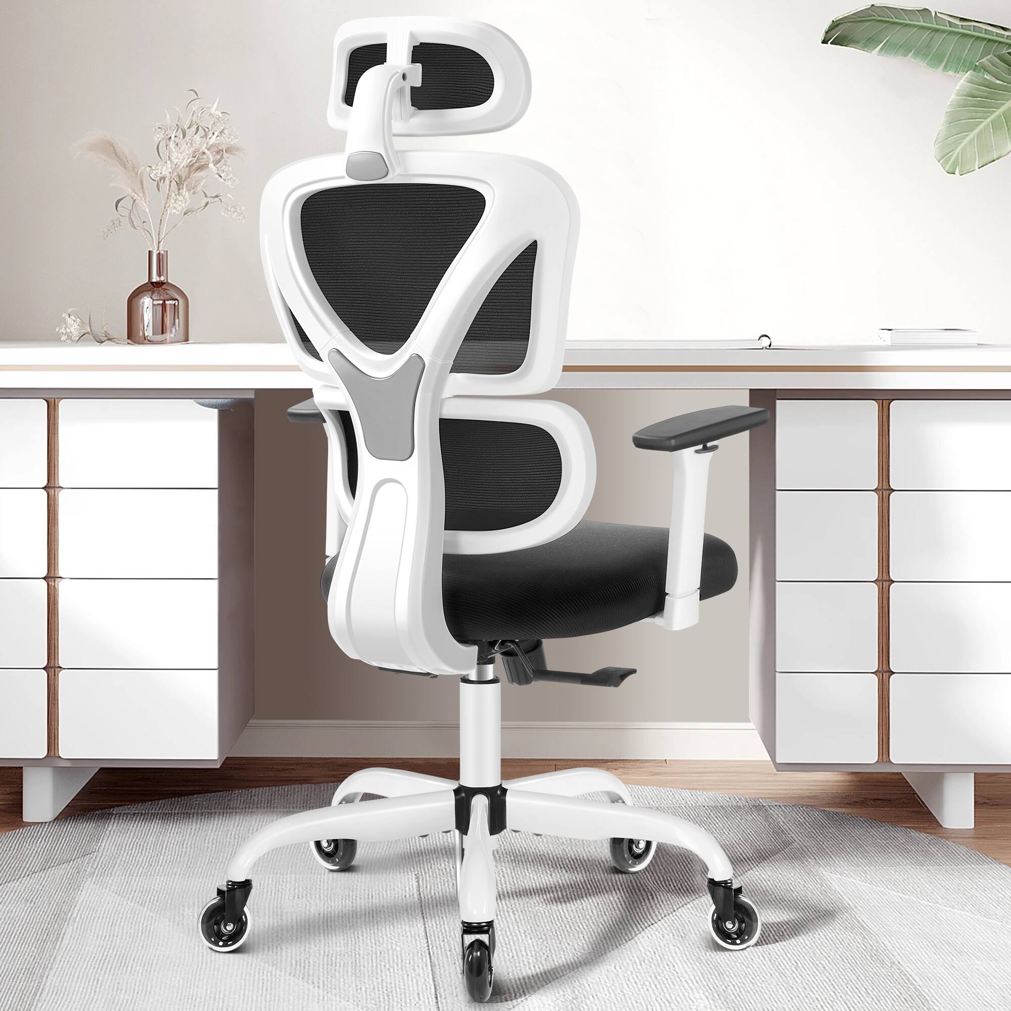 Alt View 4. KERDOM - Ergonomic Mesh Office Chair with Lumbar Support, Rubber Wheels for Wooden Floor, Recline Computer Chair with Headrest - White.