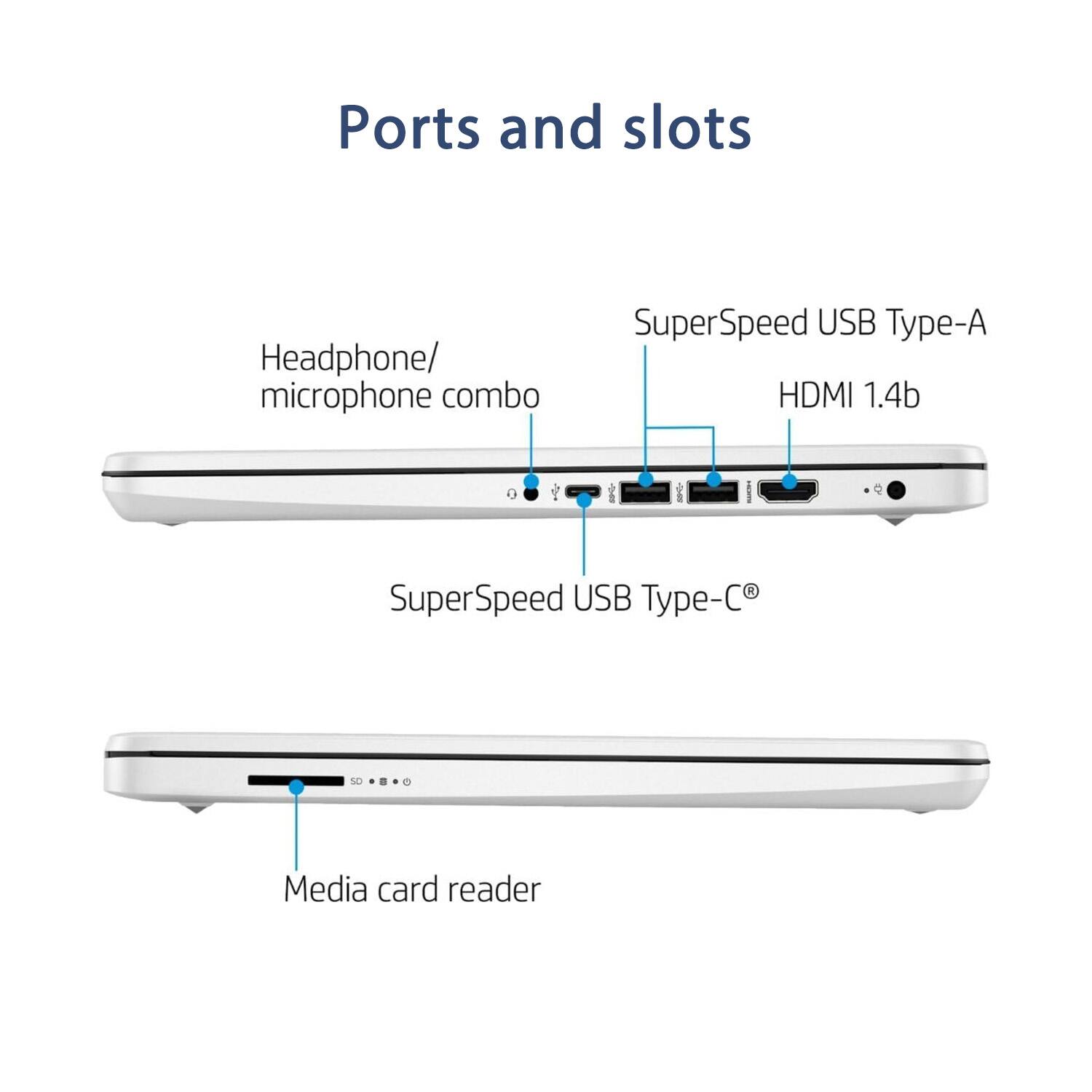 Ports and slots

- Headphone/ microphone combo
- SuperSpeed USB Type-A
- HDMI 1.4b
- SuperSpeed USB Type-C
- Media card reader