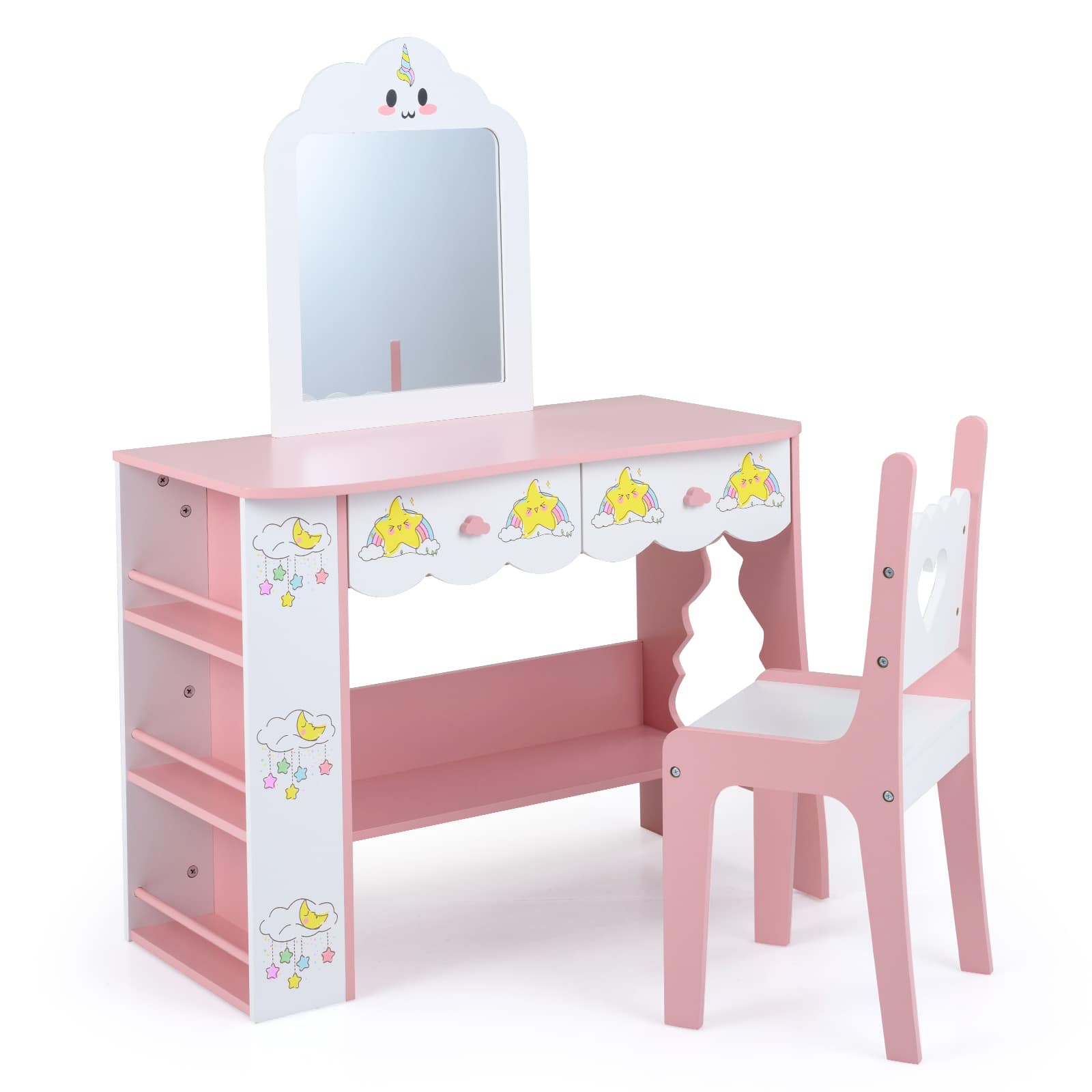Costway - Kids Vanity Set, Princess Girls Makeup Table with Mirror and Chair - Pink & White