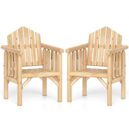 Costway - 2 PCS Outdoor Wood Armchair with Armrests and Reclined High Backrest for Porch - Natural