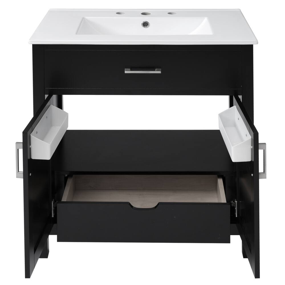 Alt View 7. JUJABU - Black 30-Inch Bathroom Vanity with Ceramic Sink and Ample Storage - The Perfect Choice for Small Bathrooms - Black.