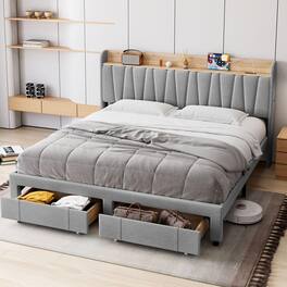 GARVEE - Upholstered Platform Bed Frame with Storage Drawers, Solid Wooden Slats Support, No Box Spring Needed - Gray