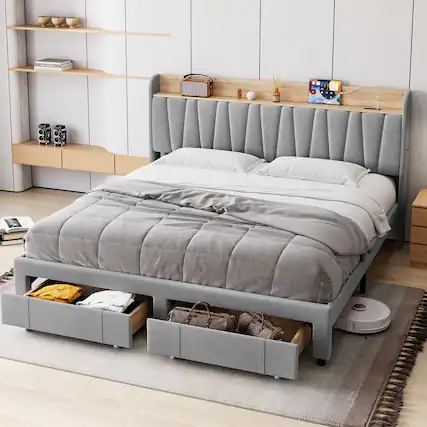 Front. GARVEE - Upholstered Platform Bed Frame with Storage Drawers, Solid Wooden Slats Support, No Box Spring Needed - Gray.