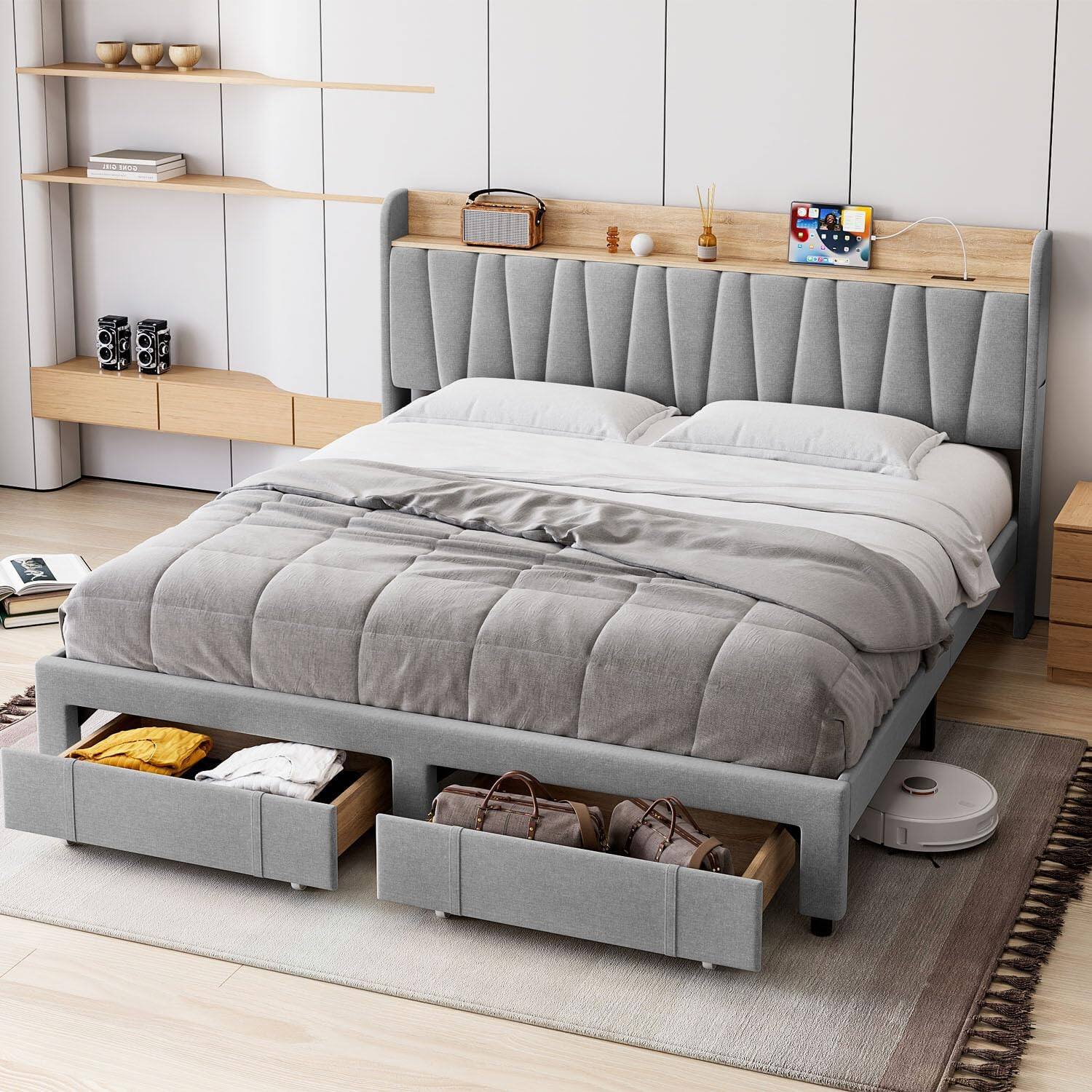 Front. GARVEE - Upholstered Platform Bed Frame with Storage Drawers, Solid Wooden Slats Support, No Box Spring Needed - Gray.