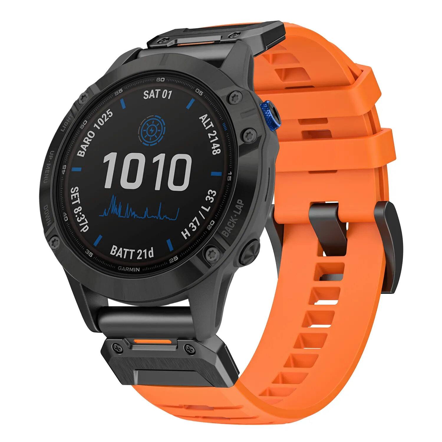 60 55 SAT 01 1025 LIGHT 50 4 ALT 2148 MENU 1010 15 SET 33 H37/L33 LAP DOWN 40 8:37p 20 BACK 35 BATT 21d 25 GARMIN