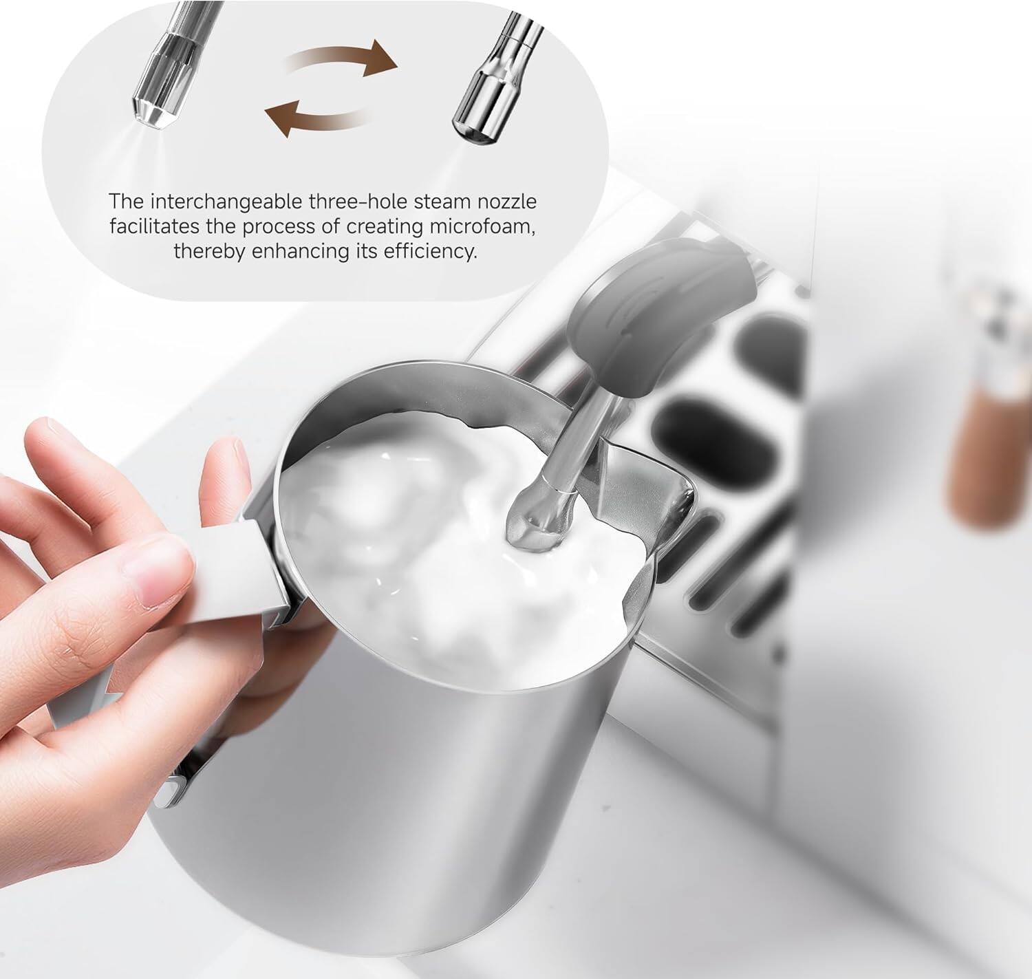 The interchangeable three-hole steam nozzle facilitates the process of creating microfoam, thereby enhancing its efficiency.