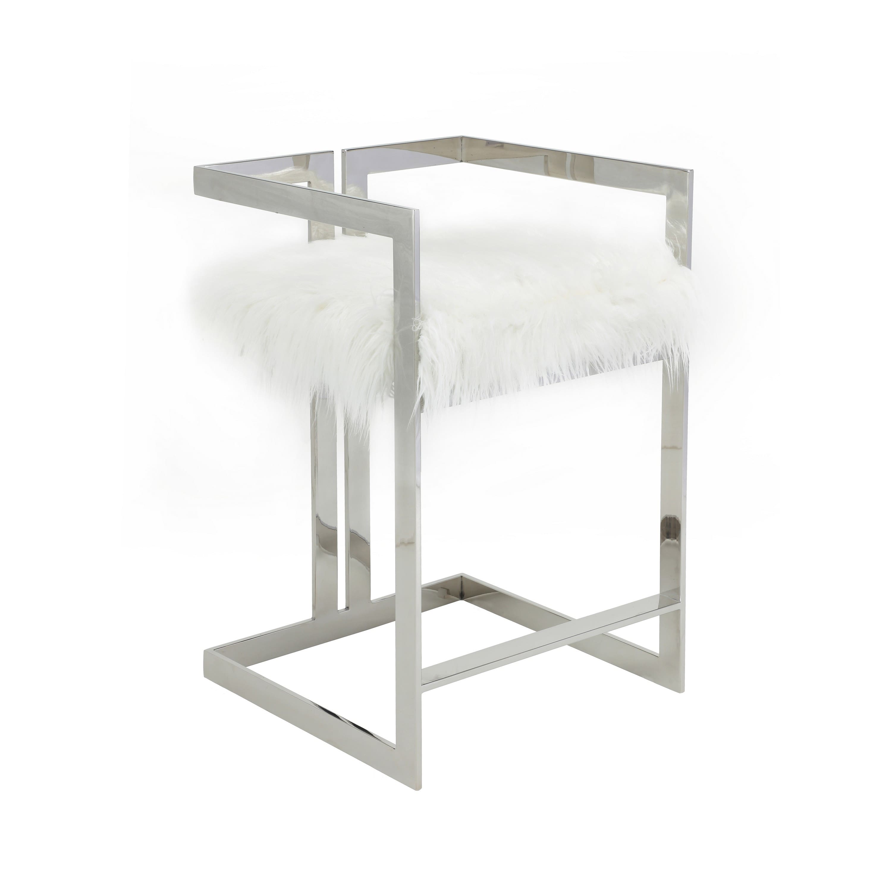 Manhattan Lane - Suki 26 Inch Counter Stool Chair, Faux Fur, Stainless Steel - White, Silver