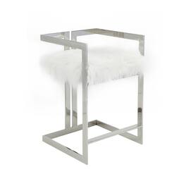 Manhattan Lane - Suki 26 Inch Counter Stool Chair, Faux Fur, Stainless Steel - White, Silver