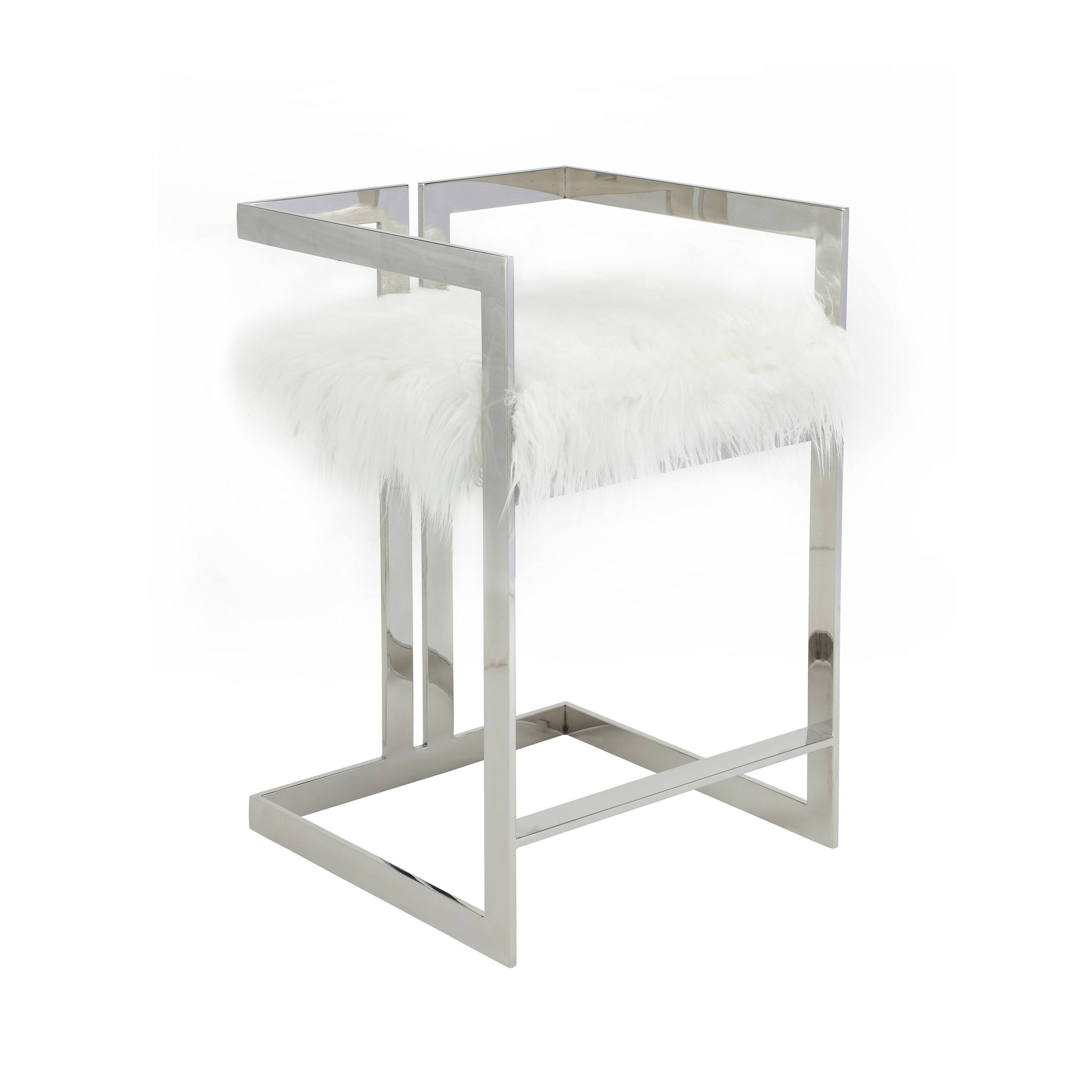 Front. Manhattan Lane - Suki 26 Inch Counter Stool Chair,  Faux Fur, Stainless Steel - White, Silver.
