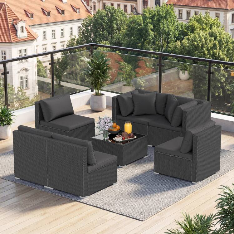Front. Mondawe - 7-Piece Sectional Wicker Sofa Set w/ Tempered Glass Table, Outdoor Patio Conversation Set with Cushions - Black.
