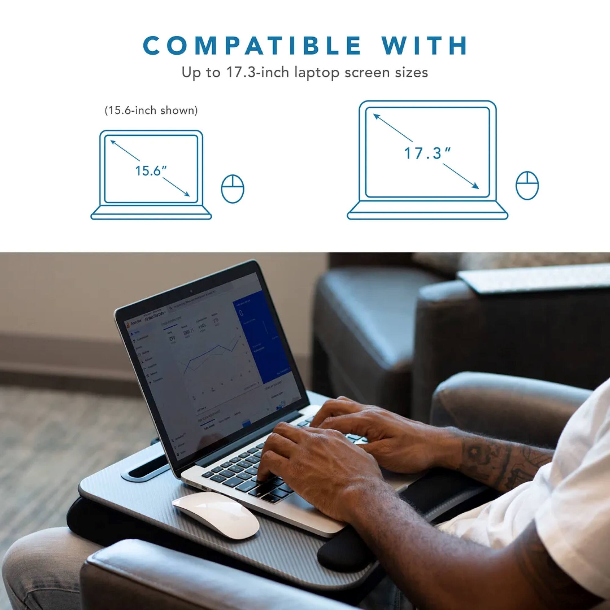 The text on the image reads: "Compatible with up to 17.3-inch laptop screen sizes (15.6-inch shown)."