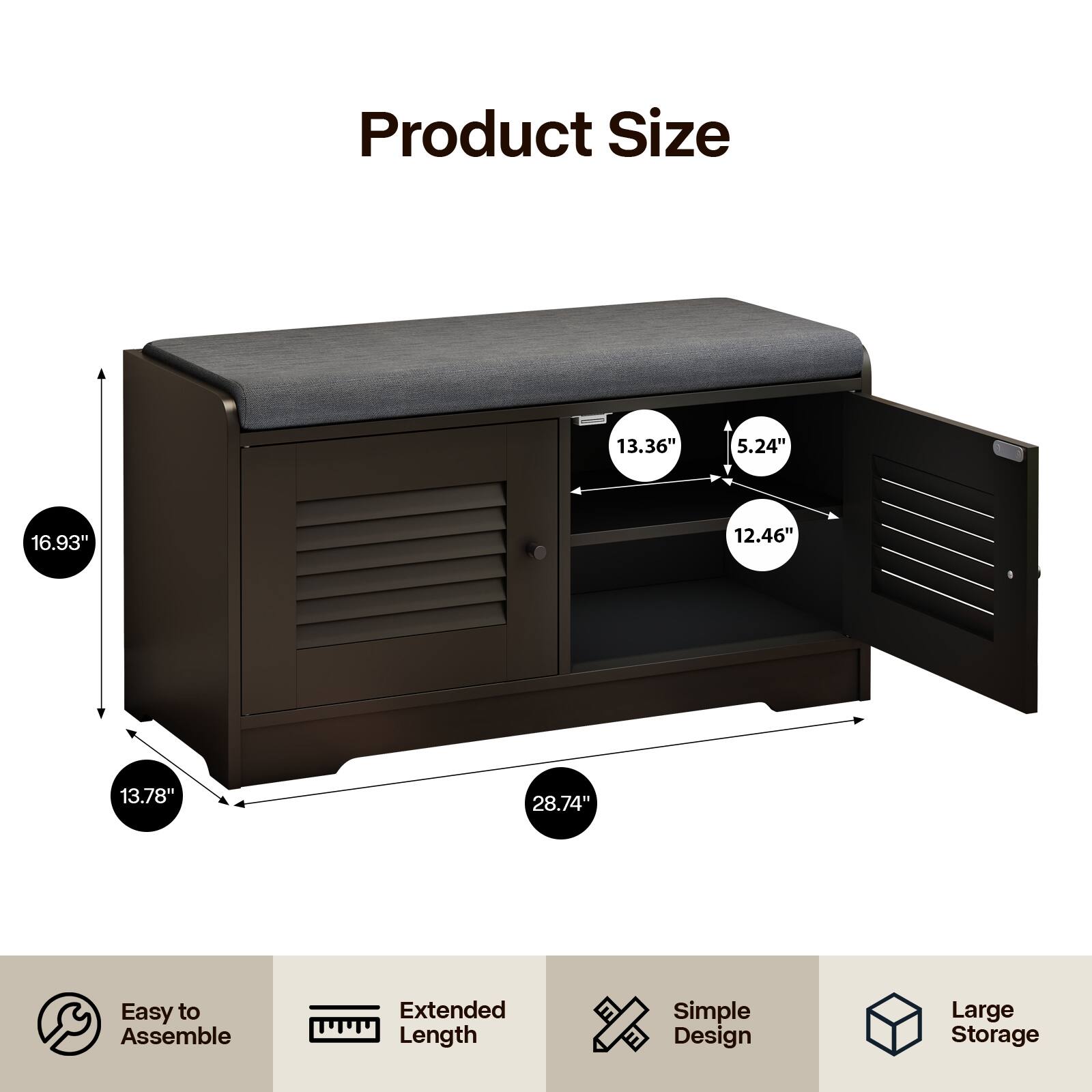 Product Size: 13.36" x 5.24" x 16.93" x 12.46" x 13.78" x 28.74"

Features:
- Easy to Assemble
- Extended Length
- Simple Design
- Large Storage