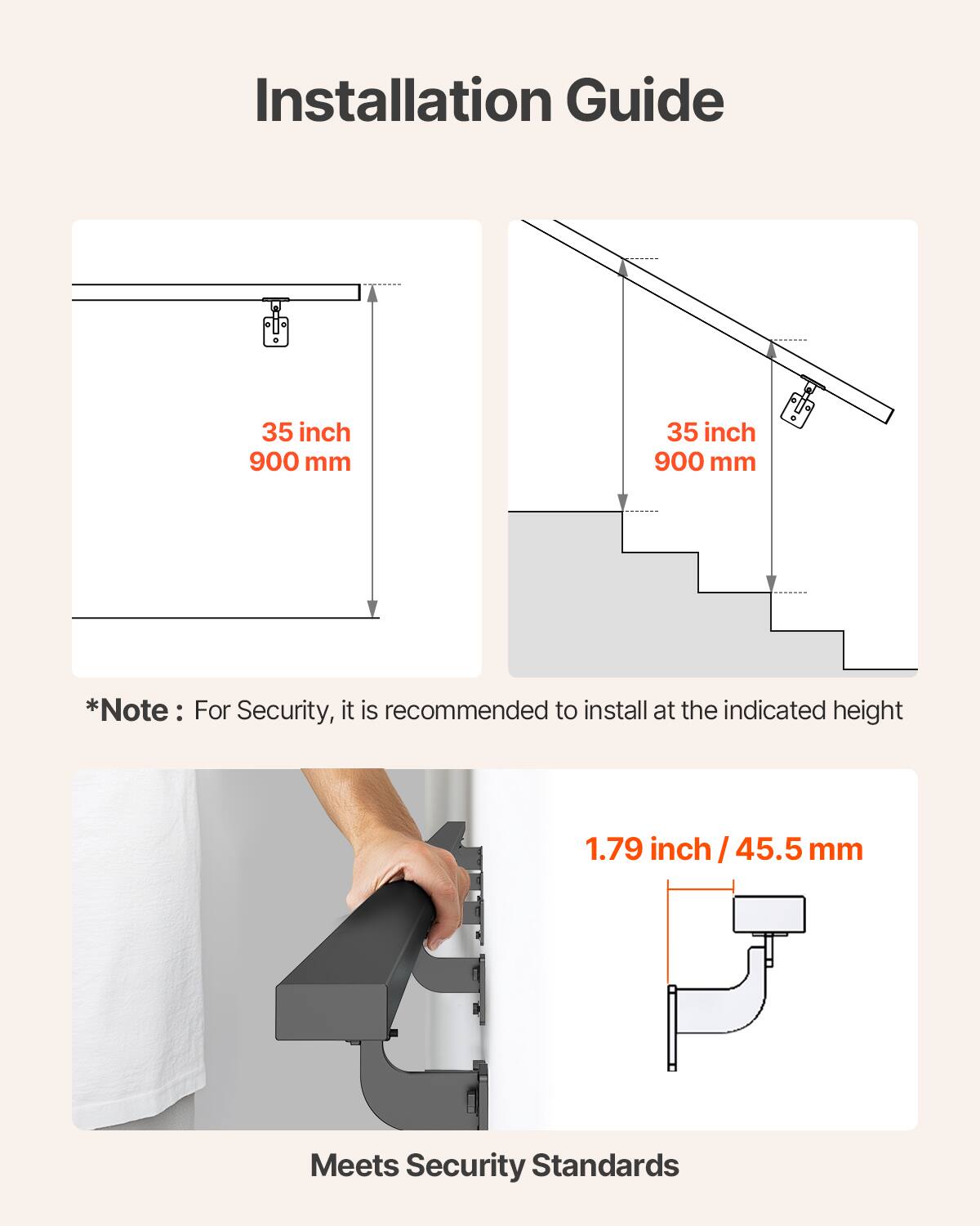 Installation Guide

35 inch  
900 mm

35 inch  
900 mm

*Note: For Security, it is recommended to install at the indicated height

1.79 inch / 45.5 mm

Meets Security Standards