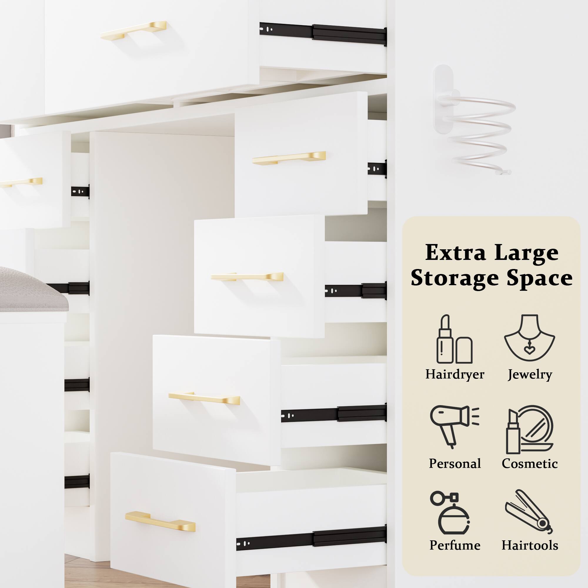 Extra Large Storage Space

- Hairdryer
- Jewelry
- Personal
- Cosmetic
- Perfume
- Hairtools