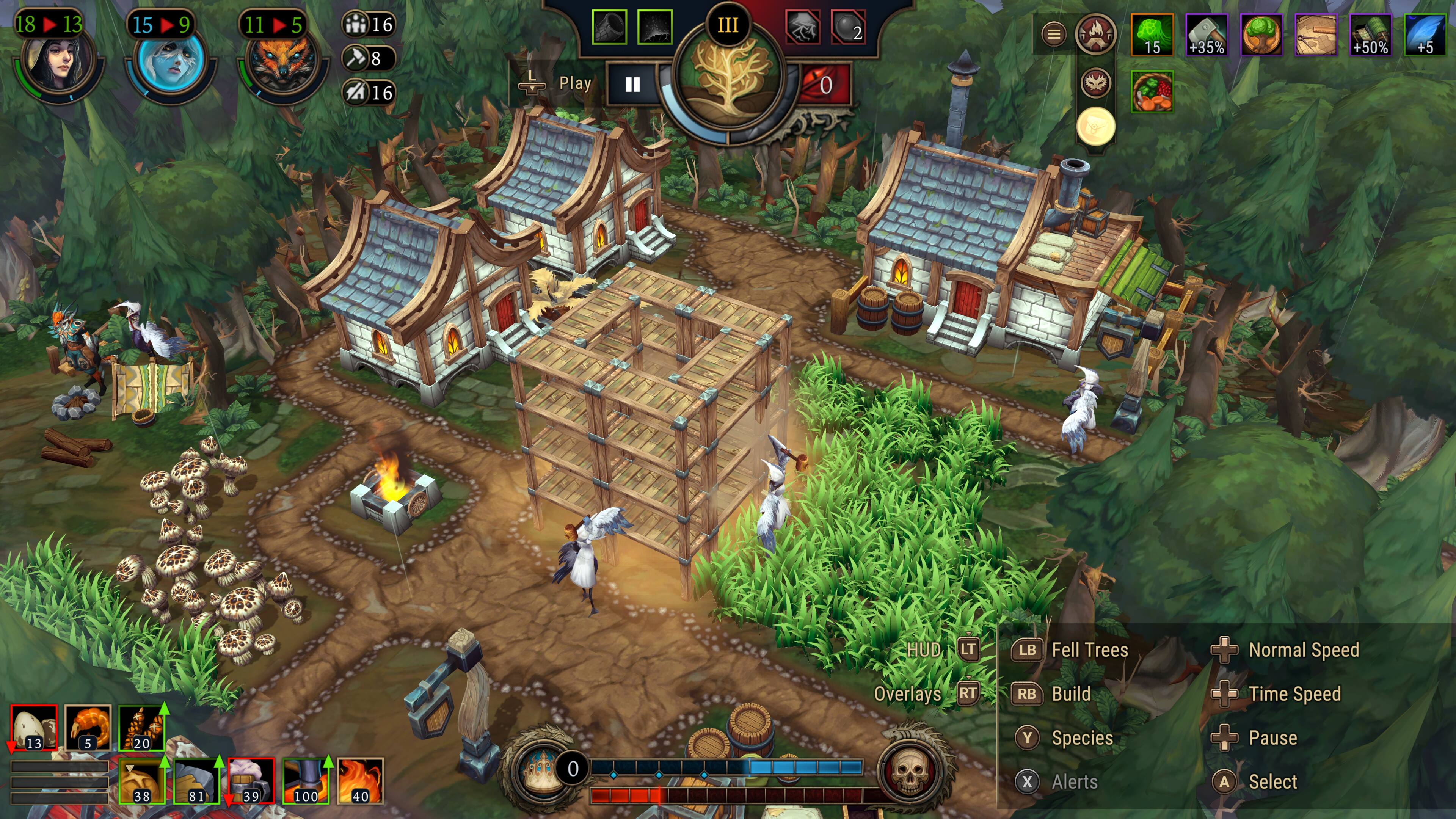 The text on the image is grouped and corrected as follows:

1. 18 13 15 9 11 5 16 1 8 TA 16 L Play III 0 2 + 15 +35% +50% +5 HUD LT LB Fell Trees Normal Speed Overlays RT RB Build Time Speed 13 5 20 38 81 39 I 100 40 0 Y Species x Alerts A Pause Select

This text appears to be a combination of various game settings, such as build time, speed, and overlays. It also includes information about the game's species and alerts. The text is likely related to a video game, as it is describing various gameplay elements and settings.