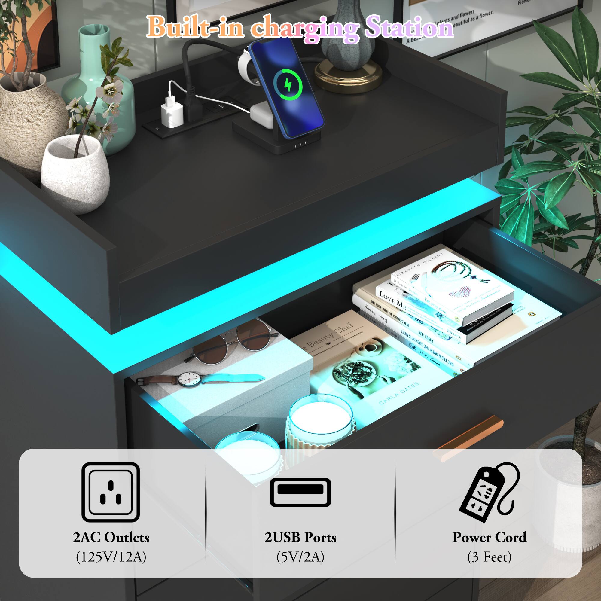 Built-in charging Station

2AC Outlets (125V/12A)
2USB Ports (5V/2A)
Power Cord (3 Feet)