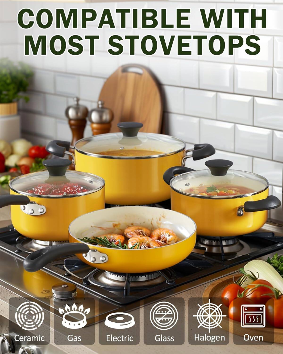 COMPATIBLE WITH MOST STOVETOPS

Ceramic
Gas
Electric
Glass
Halogen
Oven