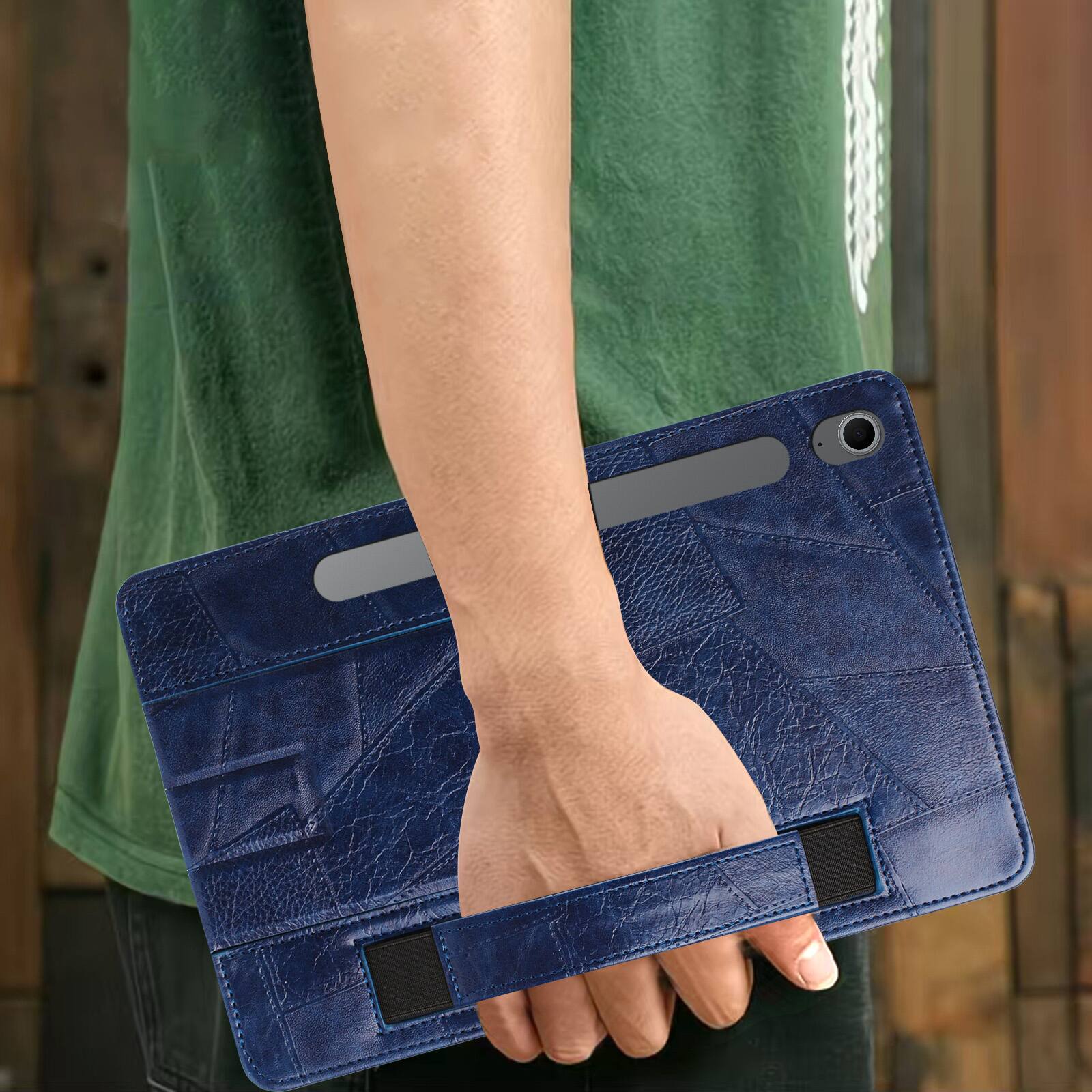 Alt View 1. Dteck - Leather Texture Case for Samsung Galaxy Tab S10 FE, Shockproof Cover with Multi-Angle Stand and Secure Hand Strap - Blue.