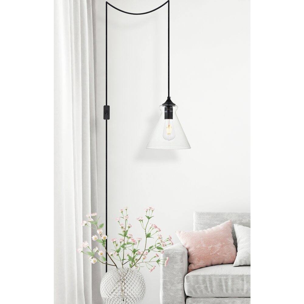 Angle. Living District - Destry 1 Light Black Plug-In Pendant With Clear Glass - Black.