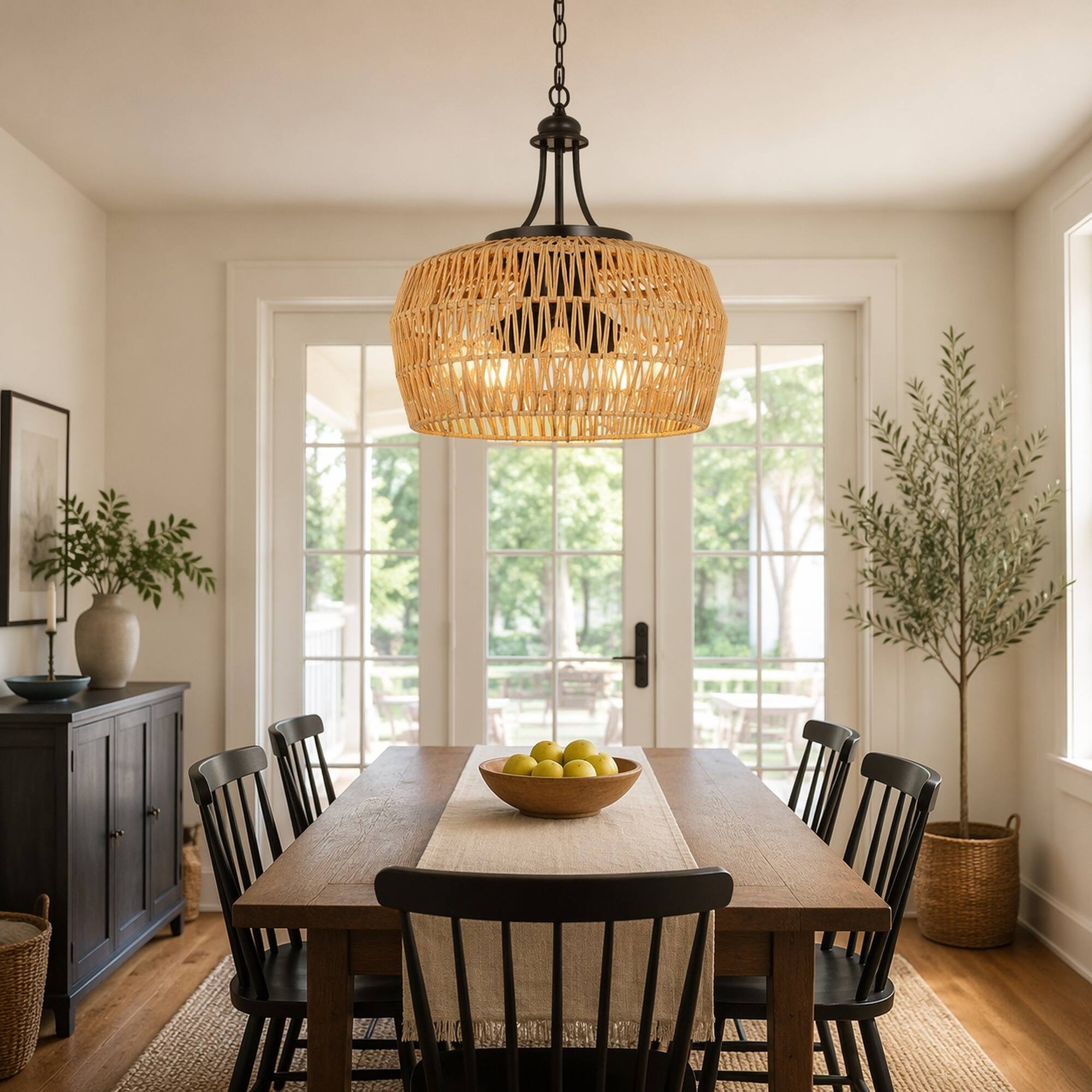 Left. RYHNUYNE - Large 5-Light Coastal Farmhouse Rattan Chandelier,Boho Pendant Light Fixture for Dining Room - Brown.