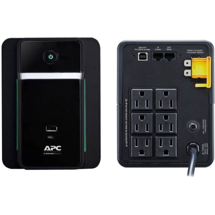 Sure, here is the corrected and grouped text from the image:

**Front Panel:**
- APC
- by Schneider Electric

**Back Panel:**
- Data Port
- USB
- OUT
- Battery Connector
- Connecteur Batterie
- BATTER BACKUP
- SECOURS
- 30
- 10