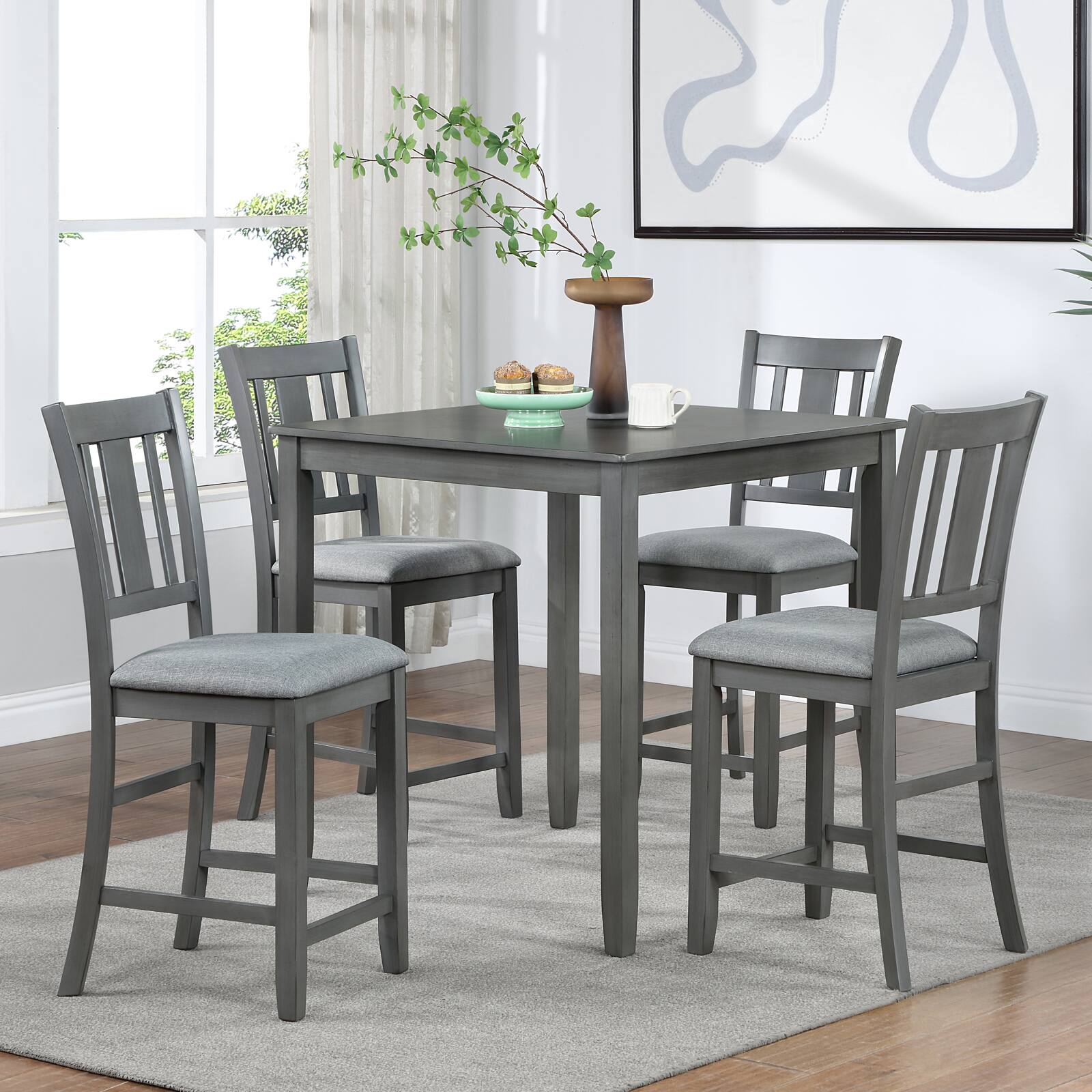 Left. APRILSOUL - 5 Piece Dining Table Set Wooden Dining Square Table Set for 4 Counter Height Square Table and 4 Upholstered Chairs Gray - Gray.