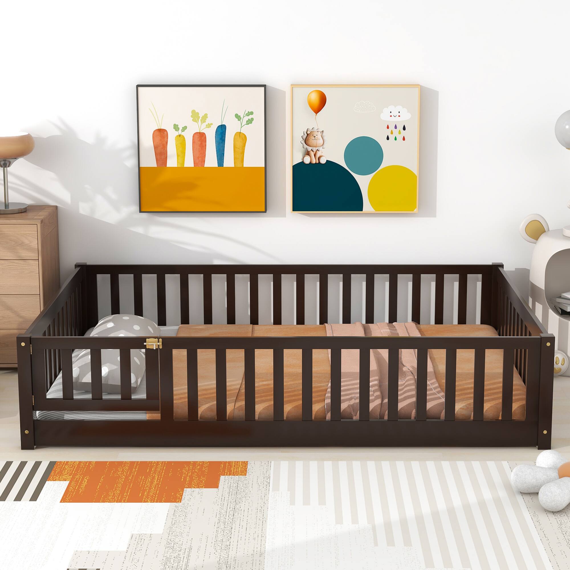 Angle. GOODSILO - Full Size Low Profile Children's Floor Bed with Safety Guardrails and Entry Door, Solid Wood Construction - Espresso.