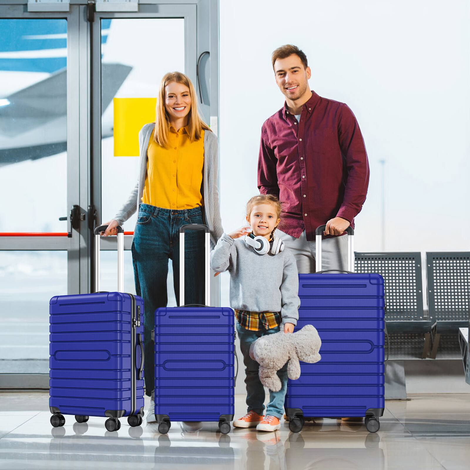 Angle. Sugift - 3 Piece Hardshell Luggage Sets Checked Spinner PC & ABS Luggage Set with YKK Zipper and TSA Lock - Blue.