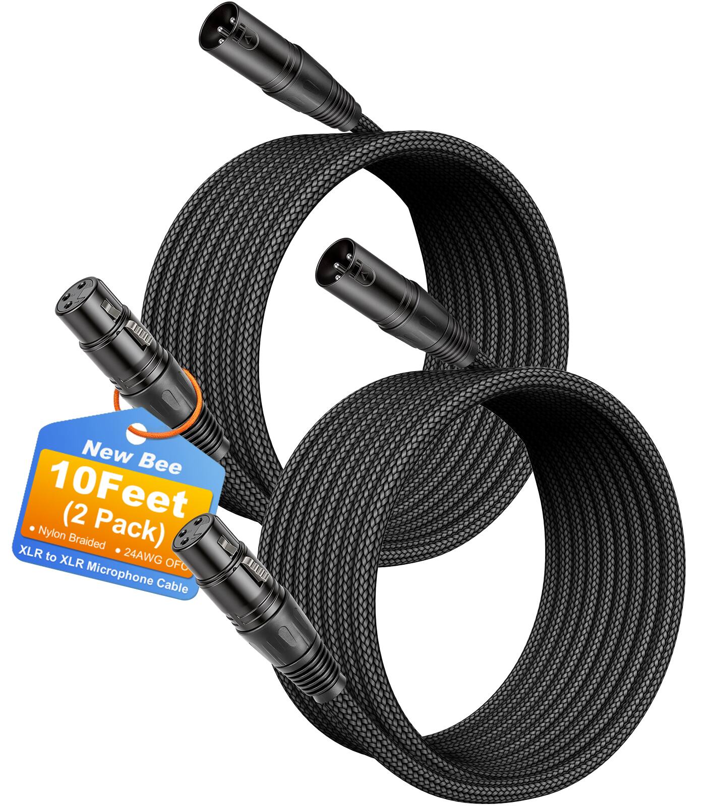 New Bee 10Feet (2 Pack) Nylon Braided XLR to XLR 24AWG OFC Microphone Cable