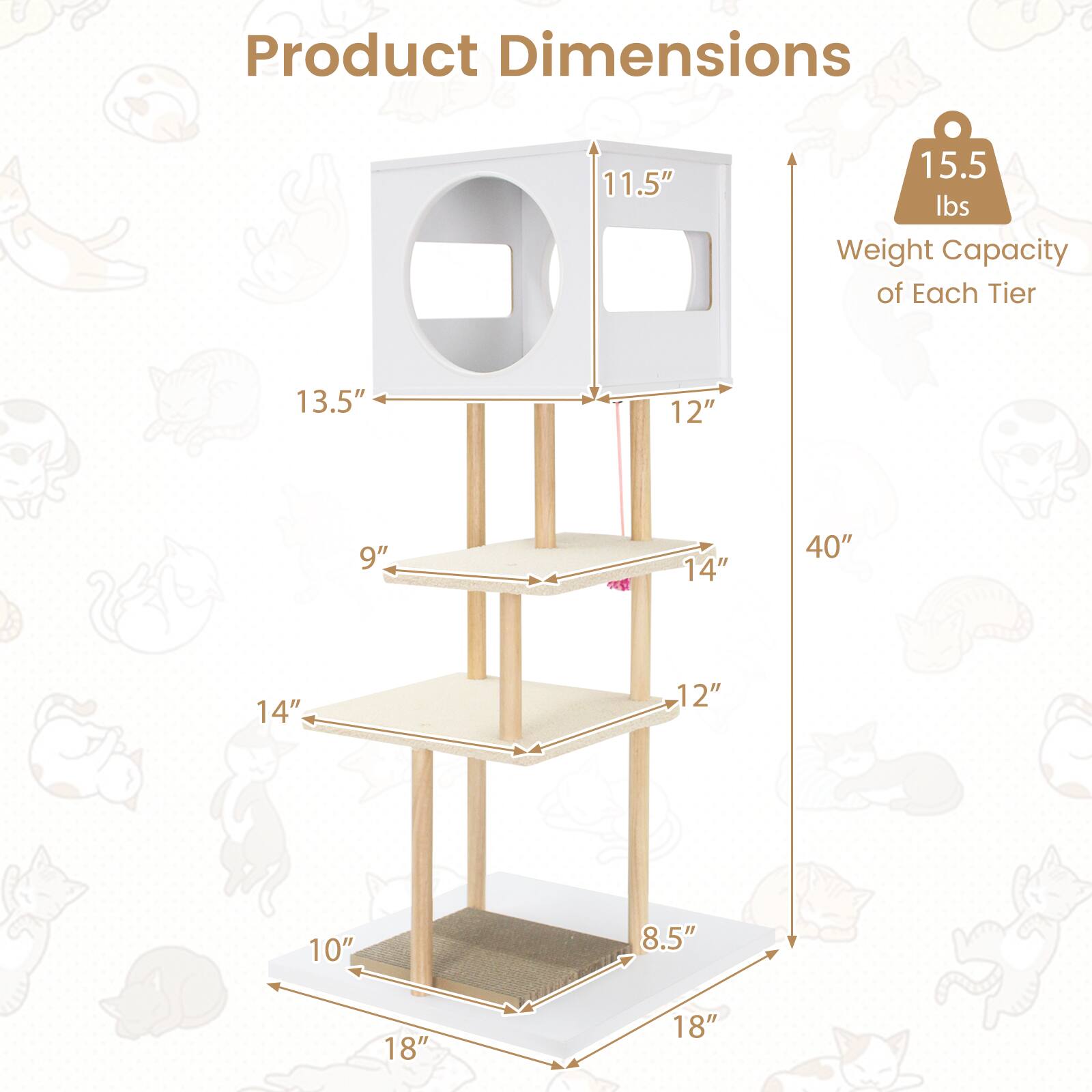 Product Dimensions: 11.5" x 13.5" x 12" x 14" x 12" x 9" x 14" x 10" x 8.5" x 18" x 18"  
Weight Capacity of Each Tier: 15.5 lbs