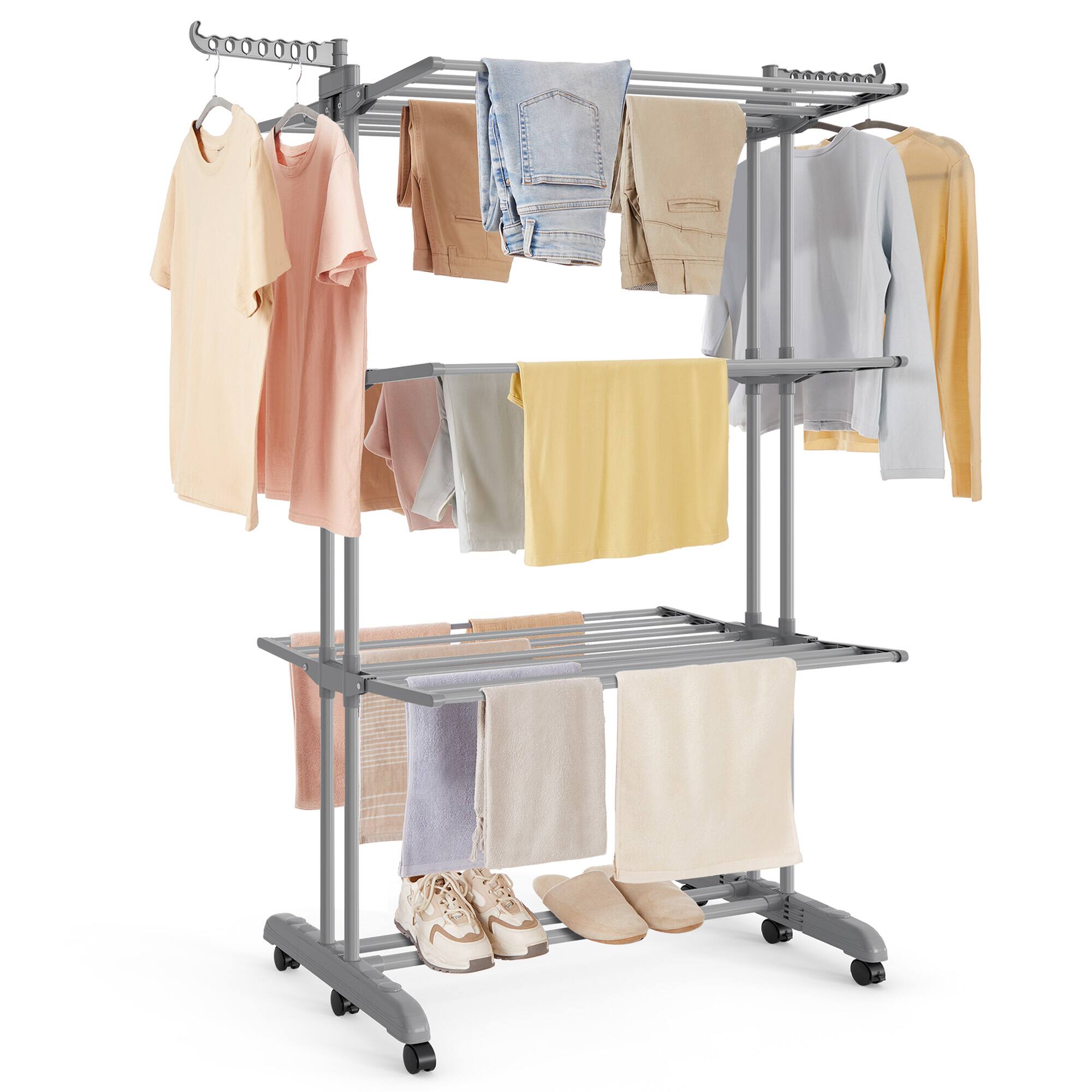 Front. Songmics Home - Clothes Drying Rack 4-Tier, Foldable Laundry Drying Rack 173 cm Tall, Stainless Steel, Rolling Clothes Horses - Dove Gray.