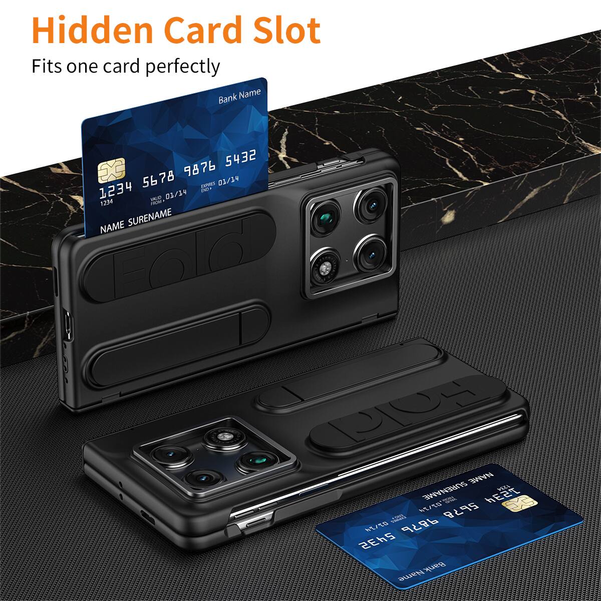 Hidden Card Slot  
Fits one card perfectly  

Bank Name  
1234 5678 9876 5432  
COEs 01/19  
1234  
FAO 01/14  
I 1234 I  
NAME SURENAME  

CEold OS NAME SURENAME  

WEST E  
5678  
E/D 9876 5432