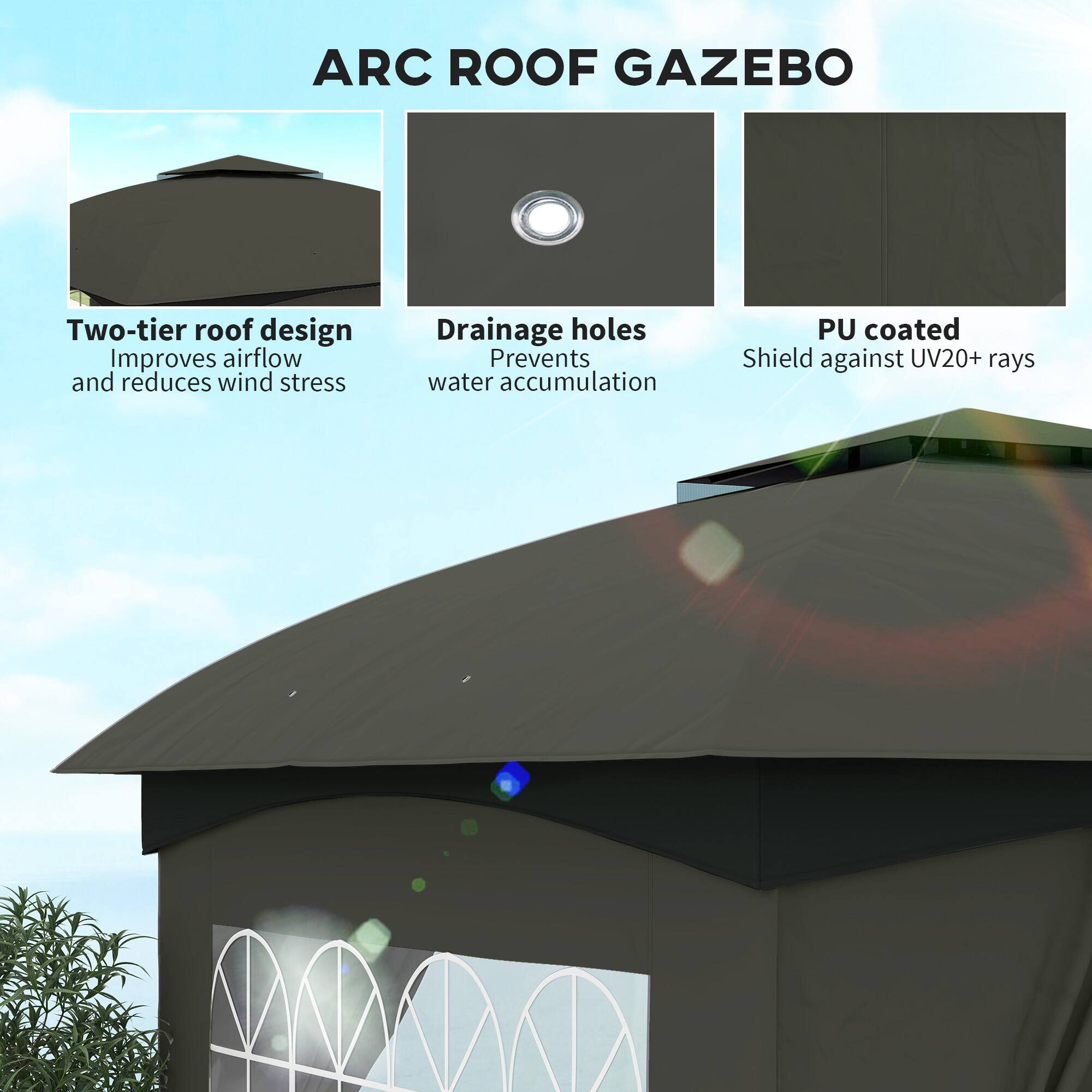 ARC ROOF GAZEBO

Two-tier roof design
Improves airflow and reduces wind stress

Drainage holes
Prevents water accumulation

PU coated
Shield against UV20+ rays