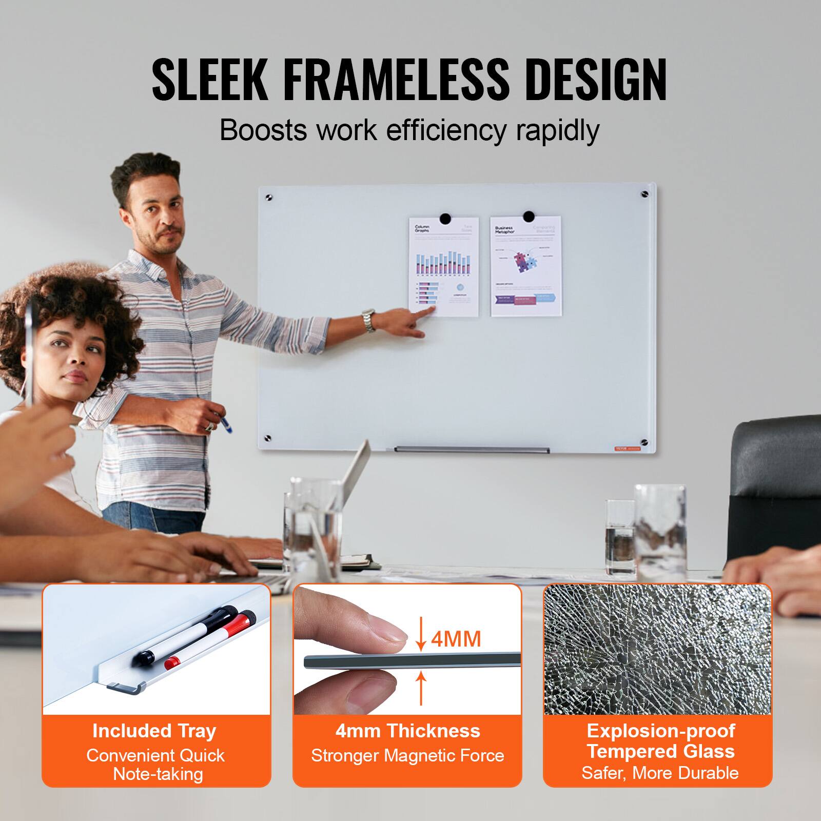 SLEEK FRAMELESS DESIGN  
Boosts work efficiency rapidly  

Included Tray  
Convenient Quick Note-taking  

4mm Thickness  
Stronger Magnetic Force  

Explosion-proof Tempered Glass  
Safer, More Durable