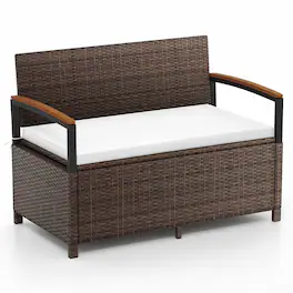 Costway - Outdoor Storage Bench with Cushion Backrest & Acacia Wood Armrests Hidden Storage - Mix Brown + Off-White