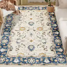Front. Homcom - Washable Area Rug 4x6, Non-Slip Boho Floral Print Floor Carpet for Living Room, Bedroom - Blue.