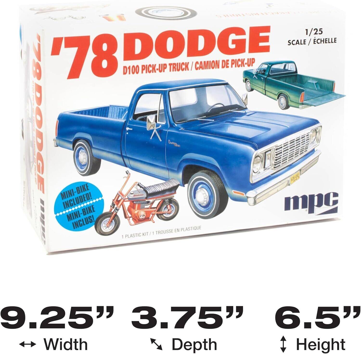 1/25 DODGE SCALE / CHELLE '78 D100 PICK-UP TRUCK I CAMION DE PICK-UP PSDODg MINI-BIKE INCLUDED! MINI-BIKE MINI mpc elet INCLUS! 1 PLASTIC KIT /1 - TROUSSE EN PLASTIQUE 9.25" Width 3.75" Depth 6.5" Height