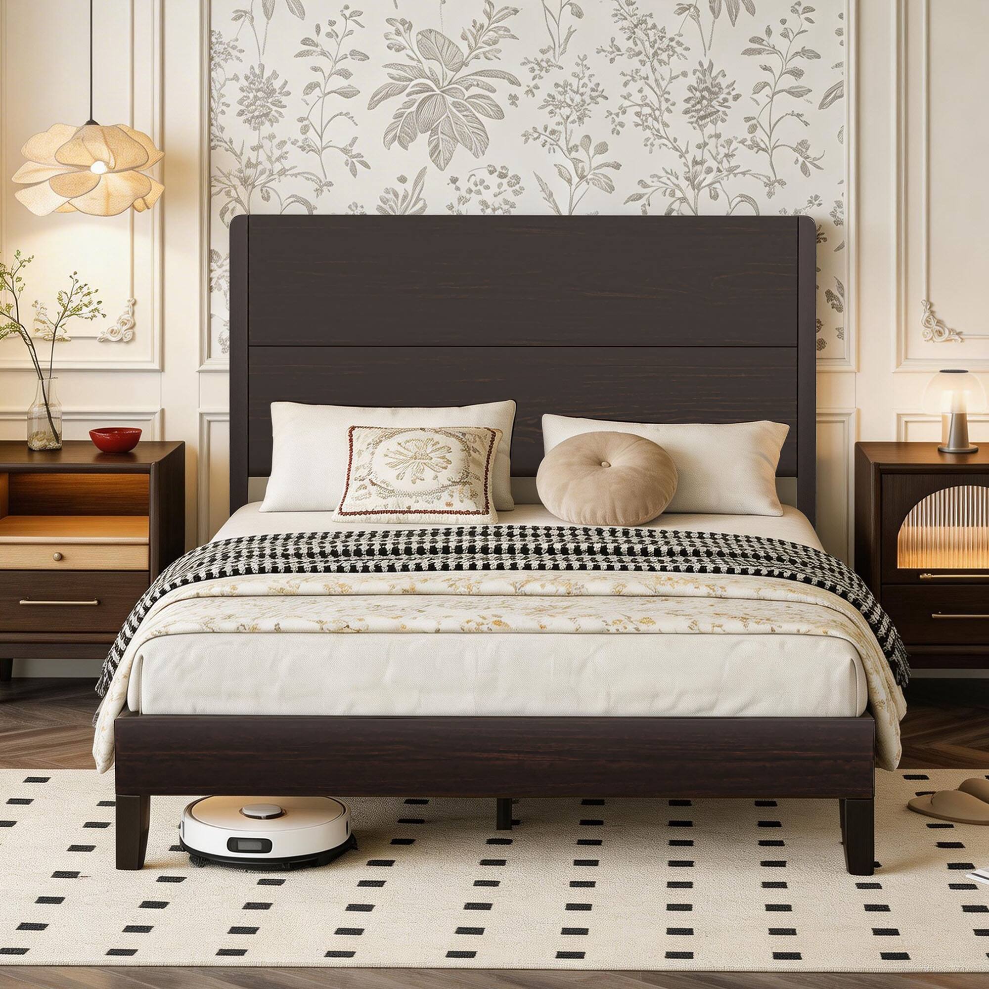 Vipbear Q/K Wooden Bed Frame with Tall Headboard, Platform Bed Frame ...
