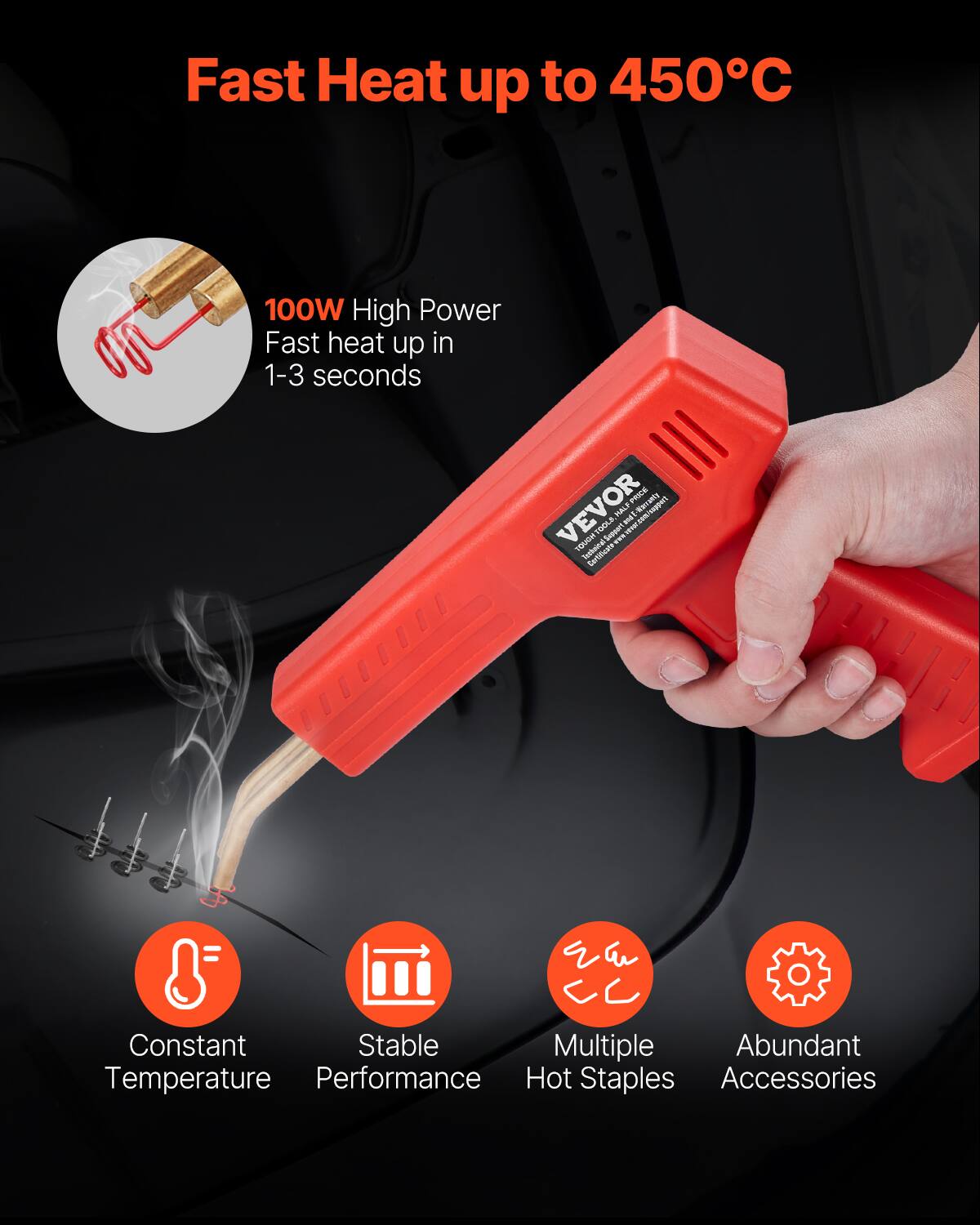 Fast Heat up to 450°C  
100W High Power Fast heat up in 1-3 seconds  
PRICE VEVOR  
Constant Stable Multiple Abundant Temperature Performance Hot Staples Accessories