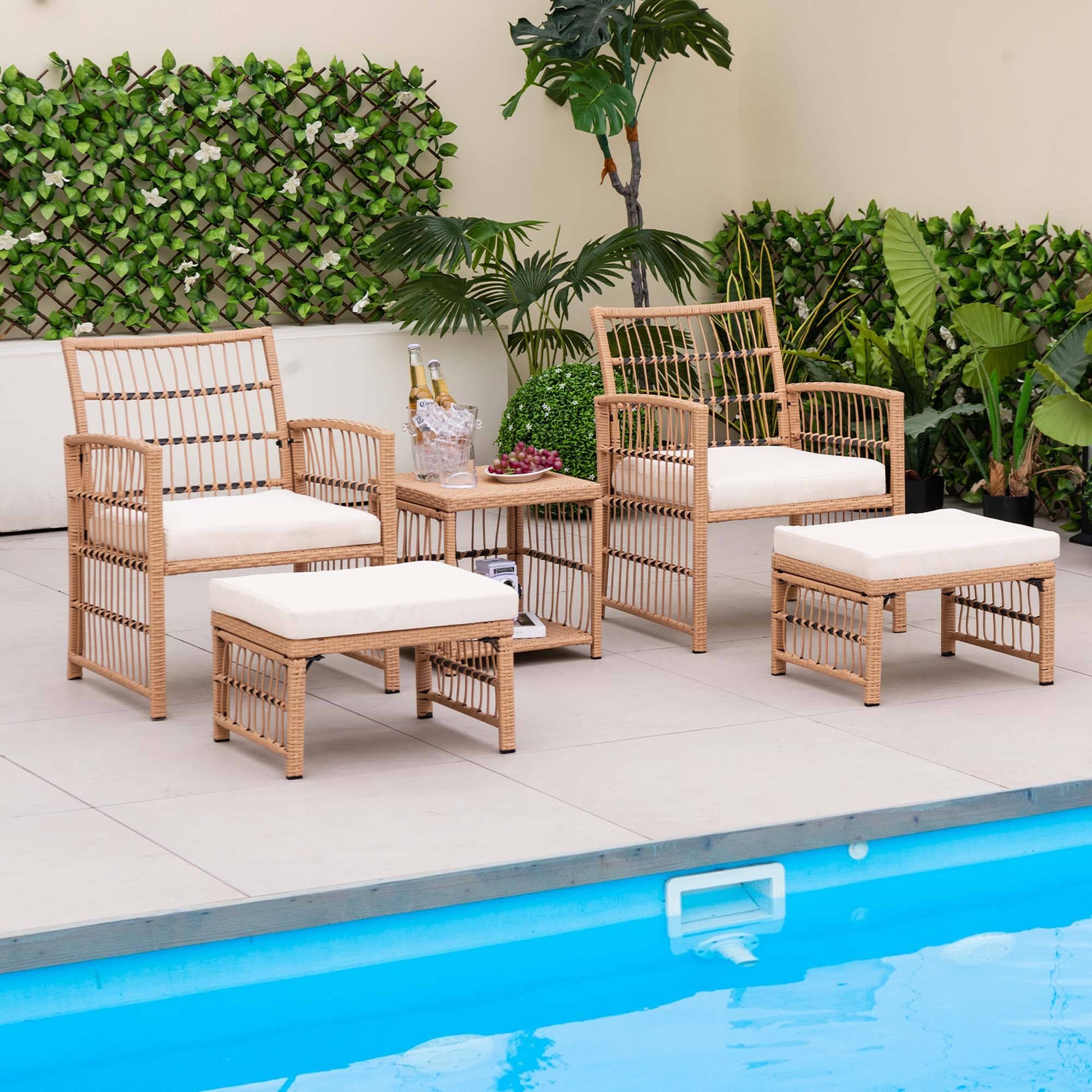 Alt View 1. Costway - Costway 5 Piece Patio Rattan Wicker Conversation Set with 2-Tier Coffee Table & 2 Ottomans - Natural,Off White.