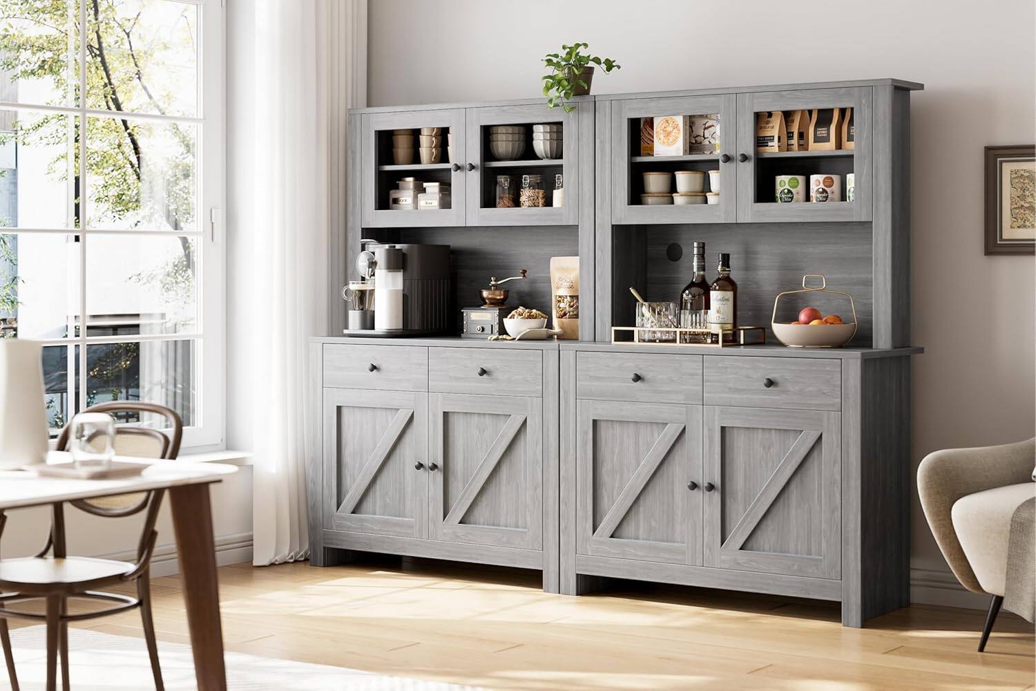 Alt View 2. Homhougo - Grey Kitchen Pantry Cabinet, Microwave Stand & Coffee Bar, 4 Doors - Grey.