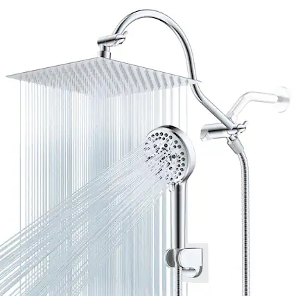 Front. Paradigms Interiors - All Metal High Rainfall Shower Head handheld Showerhead Combo 12 Adjustable Curved Extension Arm 10 spray 7... - Chrome-Round 10''.