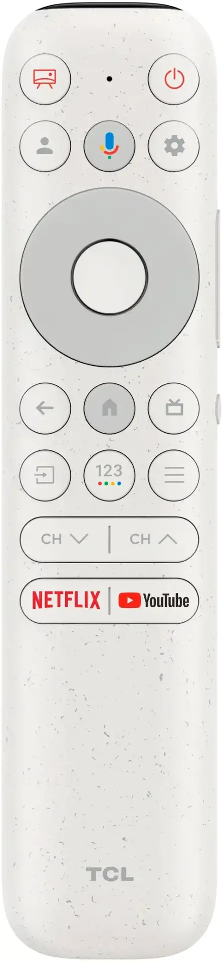 The text on the image reads "123 CH CH NETFLIX YouTube TCL." This text is grouped as follows:

1. "123"
2. "CH CH"
3. "NETFLIX"
4. "YouTube"
5. "TCL"
