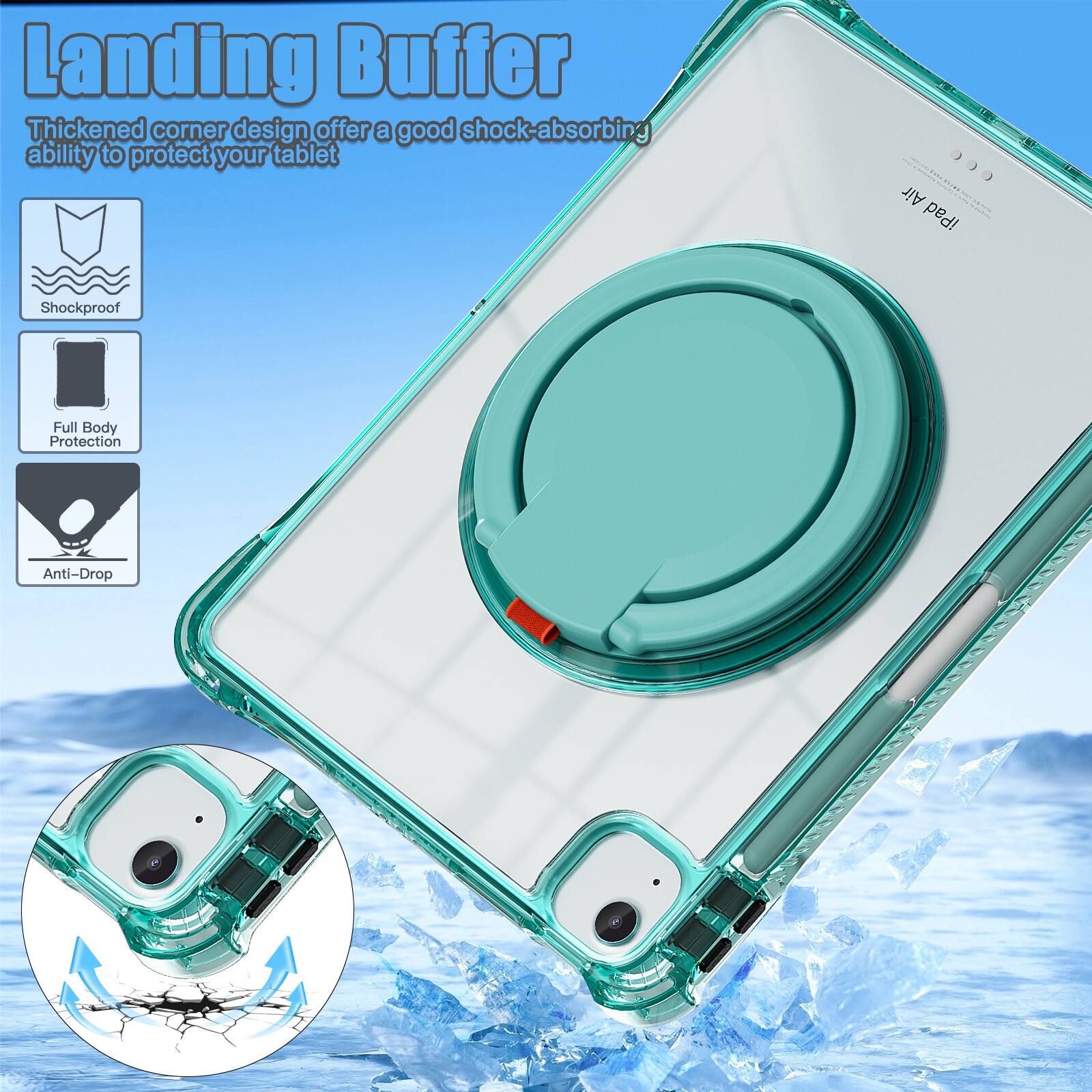 Landing Buffer

Thickened corner design offers a good shock-absorbing ability to protect your tablet

Air - iPad Shockproof Full Body Protection Anti-Drop