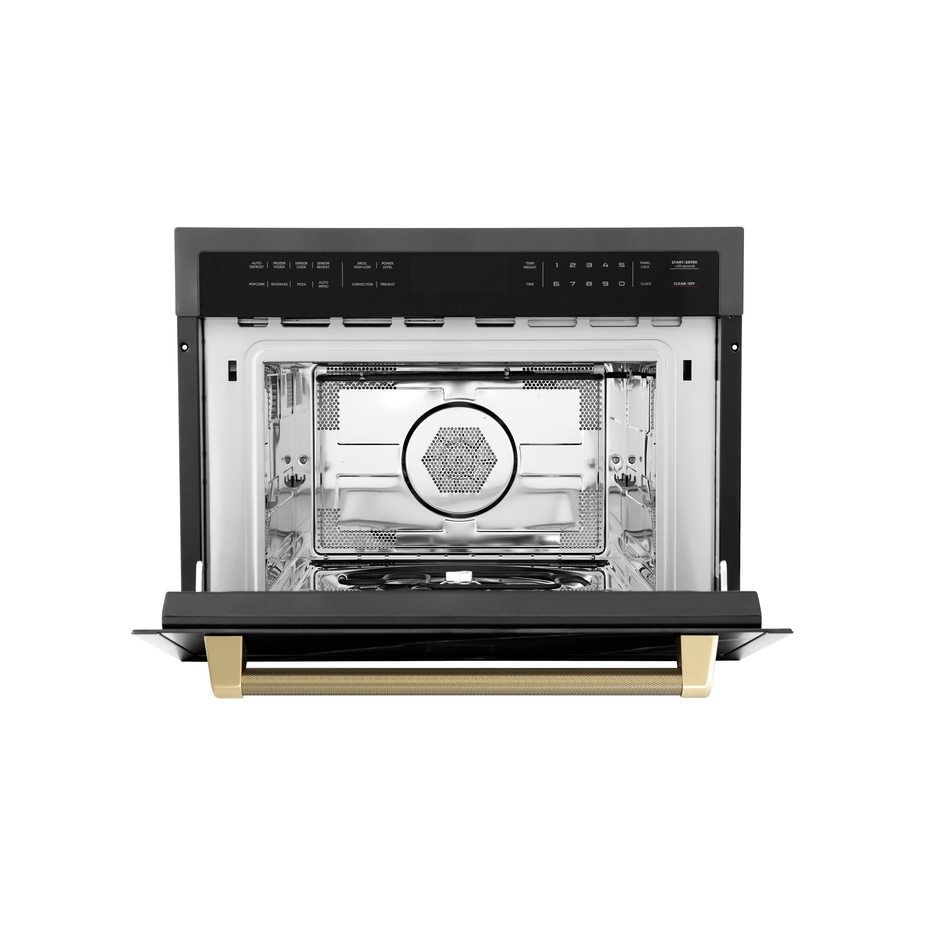 Angle. ZLINE - Autograph 24 in. 1.6 cu ft. Built-in Convection Microwave Oven in Black Stainless and Champagne Bronze Helix Handle - Black Stainless Steel.
