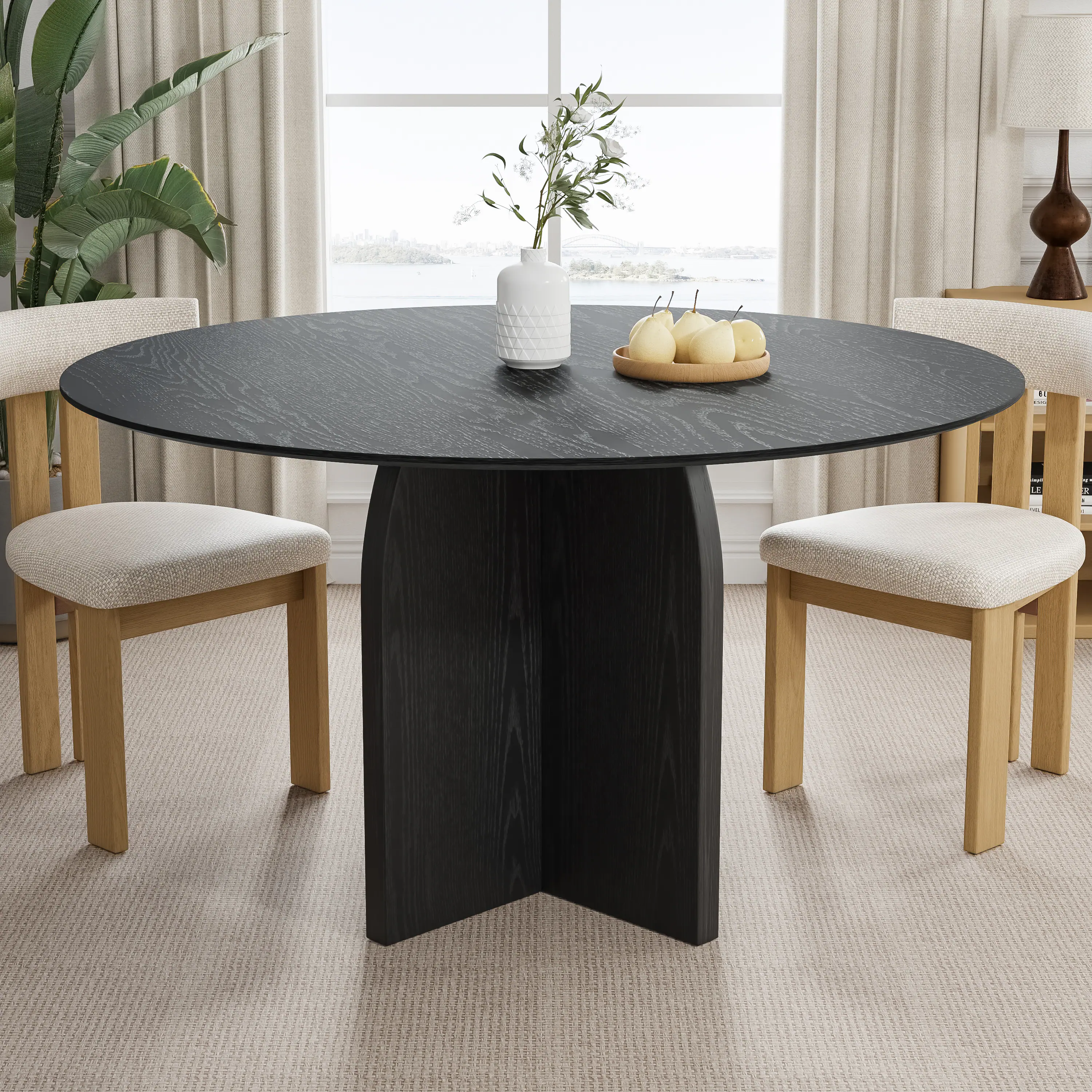 Front. Lirago - 52in. Arched Leg Round Dining Table Black Finish Solid Wood Timeless Style,Seats 8 People - Black.