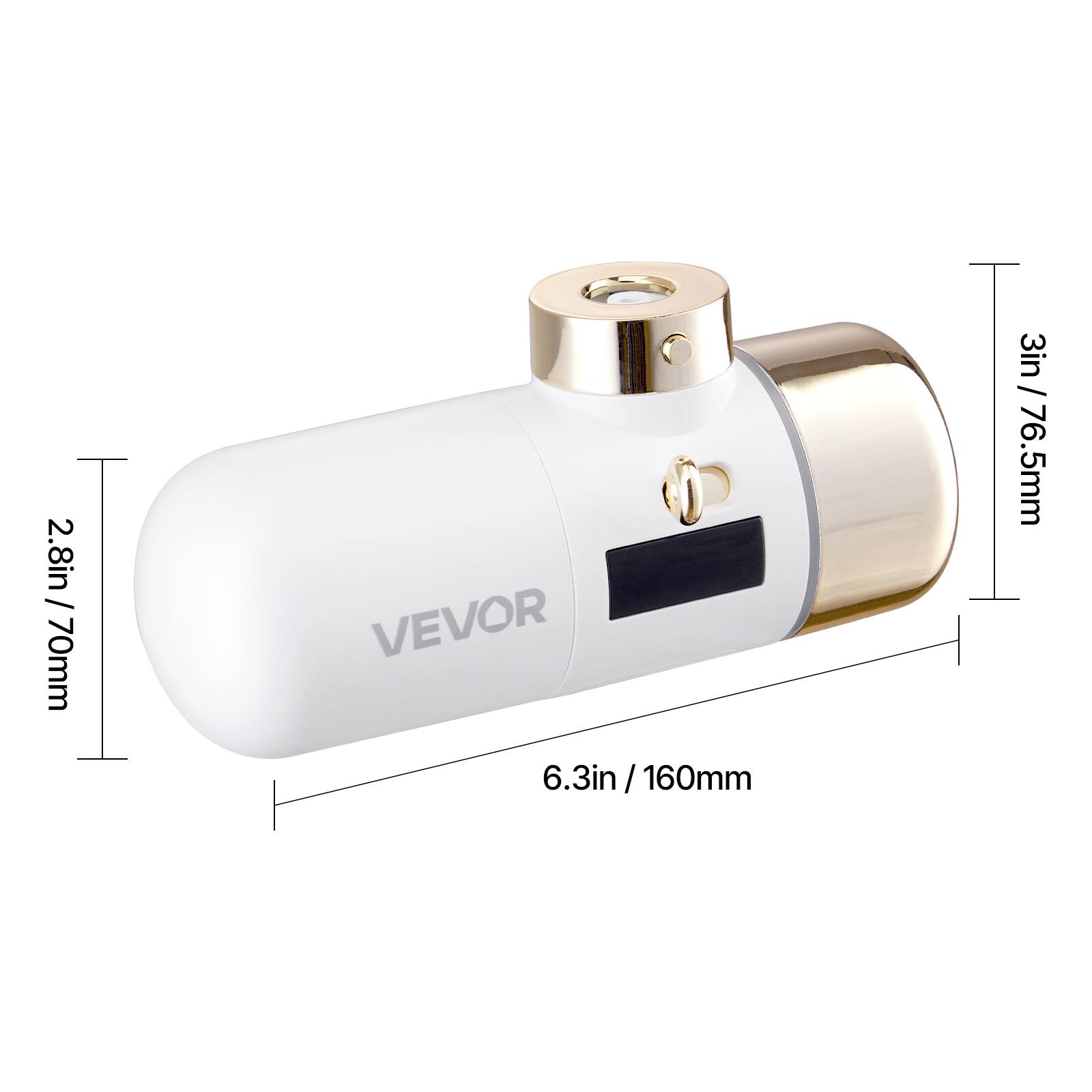 The corrected text is:

2.8in / 70mm VEVOR 6.3in / 160mm 3in / 76.5mm