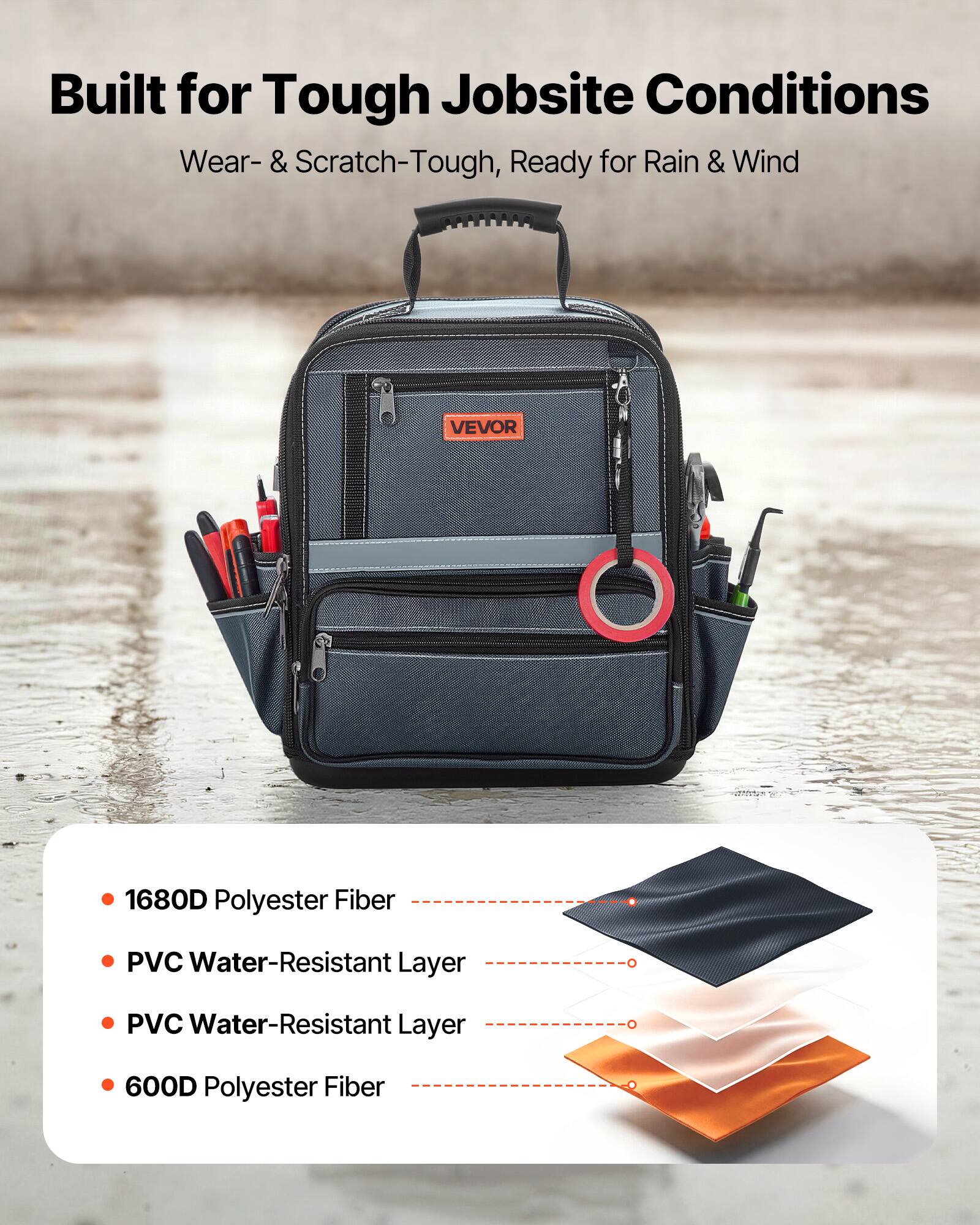Built for Tough Jobsite Conditions  
Wear- & Scratch-Tough, Ready for Rain & Wind  

- 1680D Polyester Fiber  
- PVC Water-Resistant Layer  
- PVC Water-Resistant Layer  
- 600D Polyester Fiber
