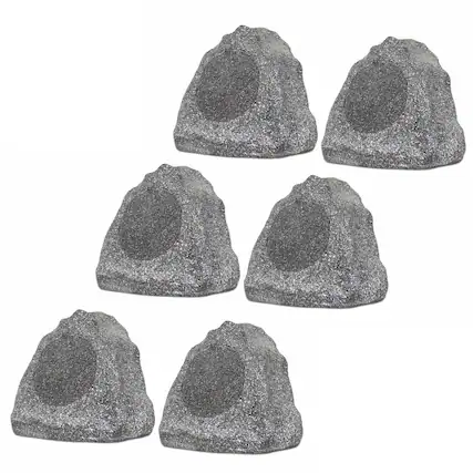 Front. Theater Solutions by Goldwood - 6R6G Outdoor 6.5" Rock 6 Piece Speaker Set for Deck Pool Spa Yard Garden - Granite Gray.