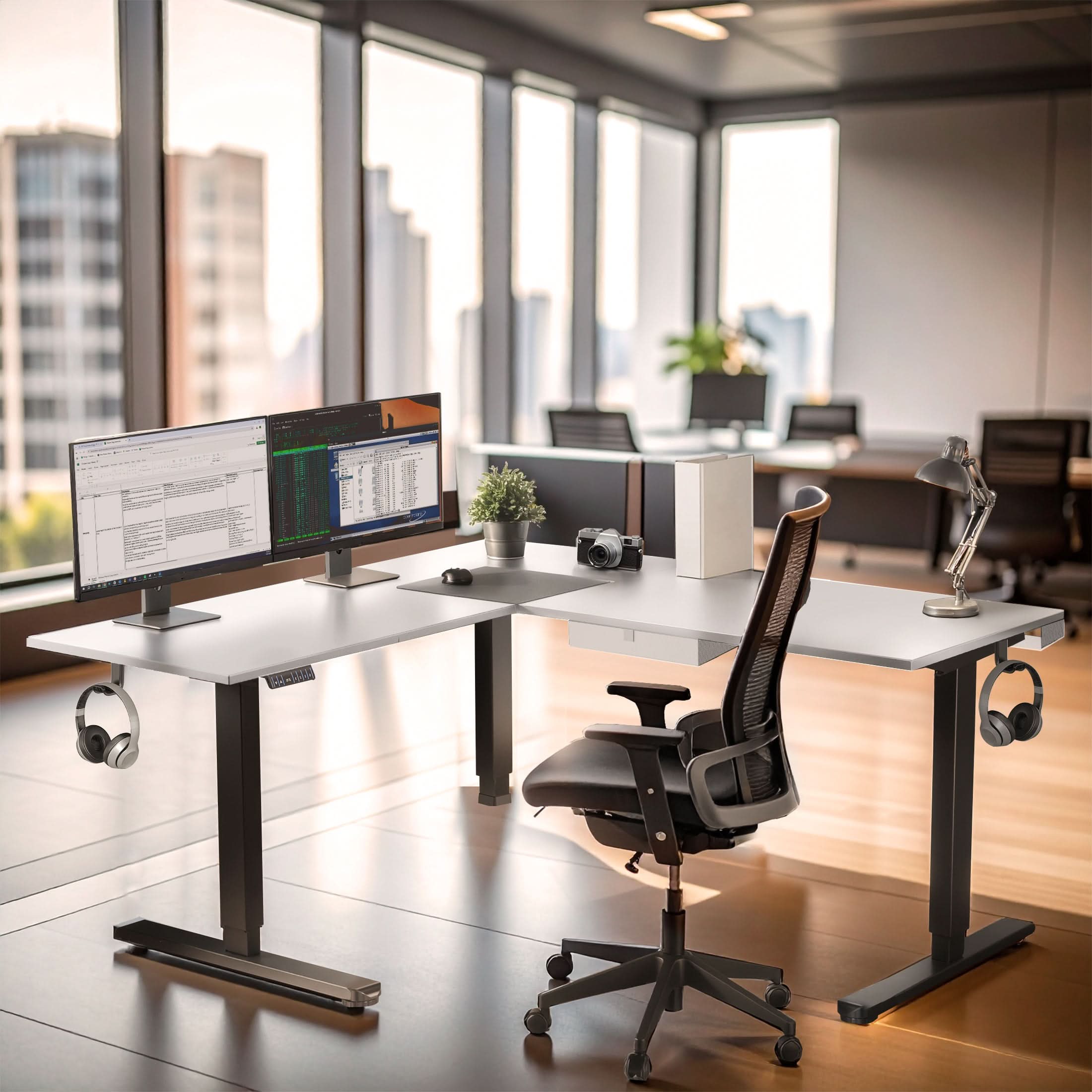 Angle. Mount-It! - XL Electric Height Adjustable Corner Standing Desk with Dual Motor and Memory Presets, Black Frame and White Tabletop - White.